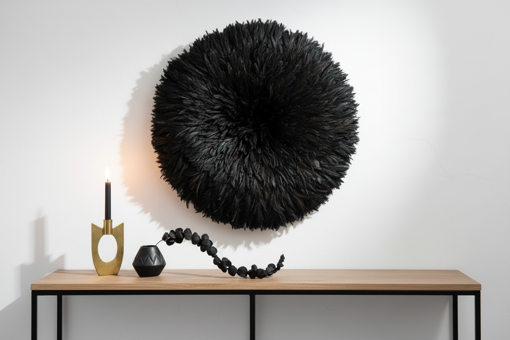 Black juju hat| Wall hangings| Cameroon juju hat| All black feathers wall decor| Handmade African juju hat| Boho wall decor| Tyn hat