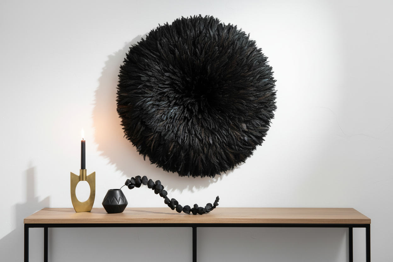 Black juju hat| Wall hangings| Cameroon juju hat| All black feathers wall decor| Handmade African juju hat| Boho wall decor| Tyn hat