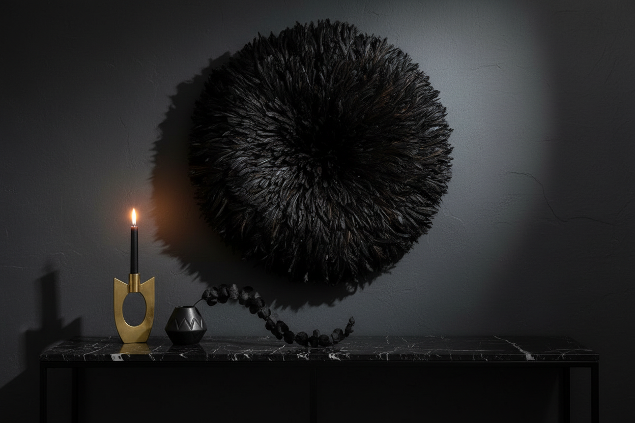 Black juju hat| Wall hangings| Cameroon juju hat| All black feathers wall decor| Handmade African juju hat| Boho wall decor| Tyn hat