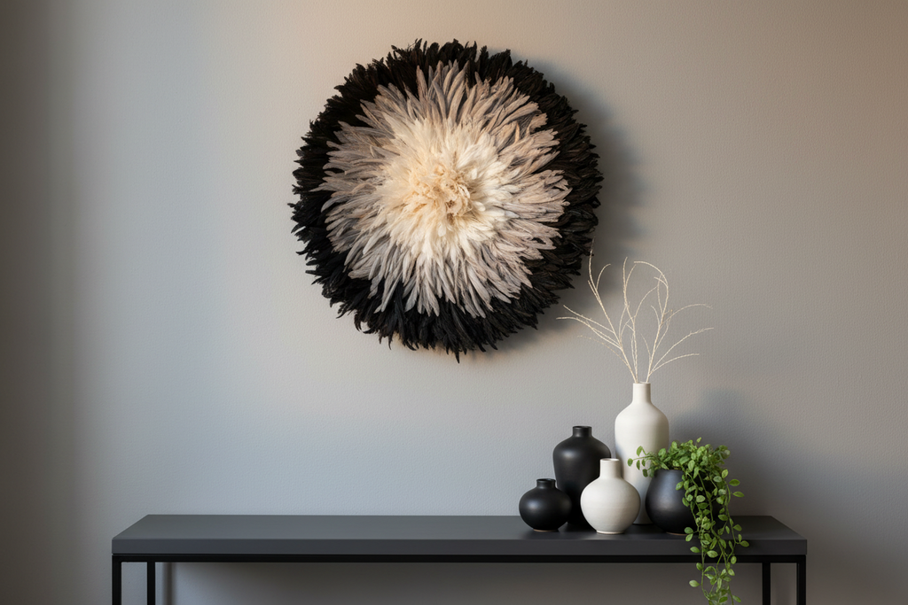 Juju hat Black\Grey\White\Cream wall hangings and decor| Bamileke African Handmade juju Art| home decor| Wreath| Afrohemian| Feather Mandala