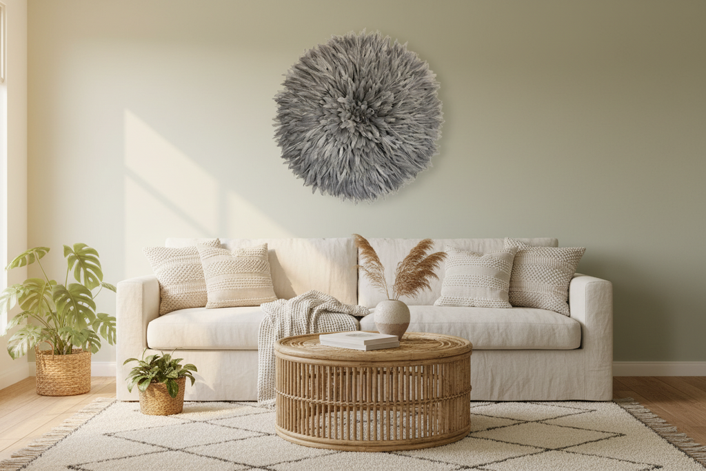 Juju hat gray| African handmade juju hat| boho living room style| Bamileke headdress| Home Wall decor| hangings| Juju art| feather mandala