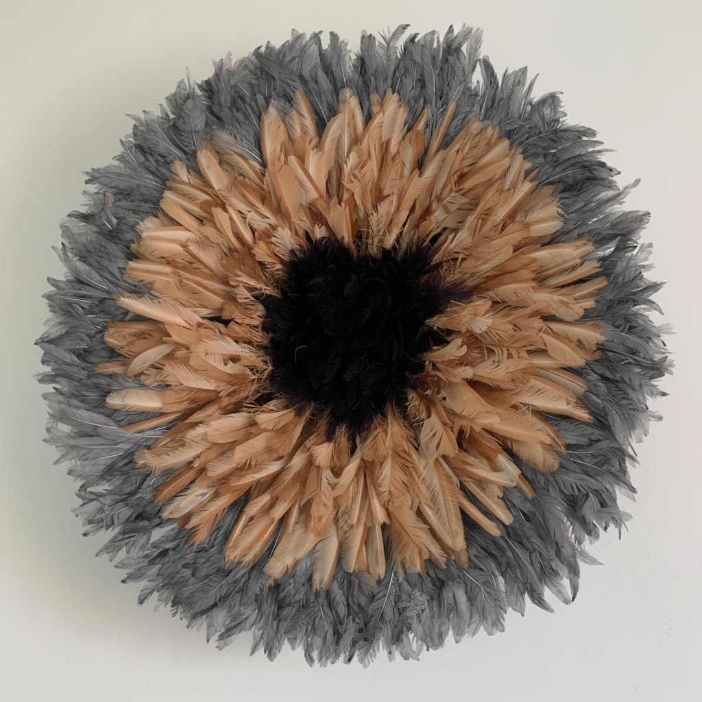 Juju hat gray tan black| African home wall decor| bedroom hangings| Boho living room style| juju art| Bamileke feather hat tyn| Wreath