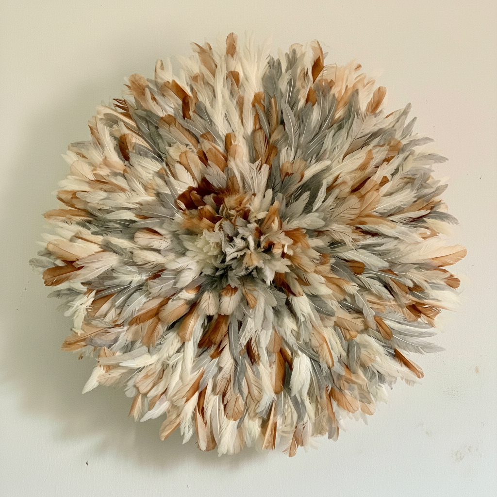 Gray tan white cream natural juju hat| African home wall decor| bedroom hangings| Boho living room style| juju art| Bamileke feather hat tyn