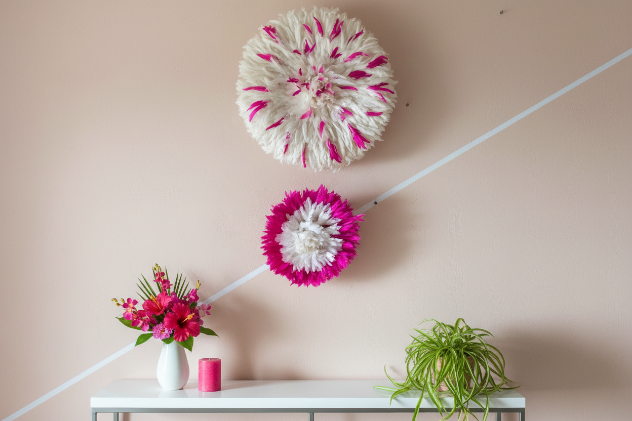 Juju hat set of hot pink/fuchsia and white| Bamileke juju hat| Interior decor| Wall decor| Wall hangings| Boho decor| African juju Art