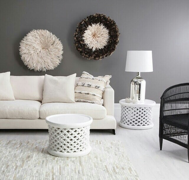 Bamileke stools in white| Coffee tables for interior and outdoor decor| Living room furnitures| Home decor side tables| Bird nest| African