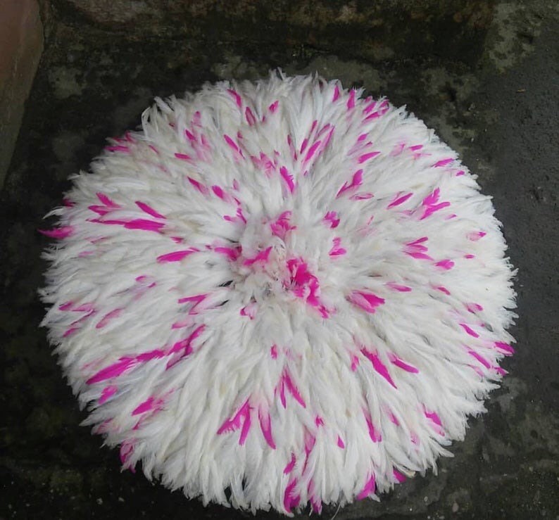 Juju hat white speckled fuchsia for home decor and wall hangings| Interior decor| African handmade juju art| bamileke headdress| ten hat