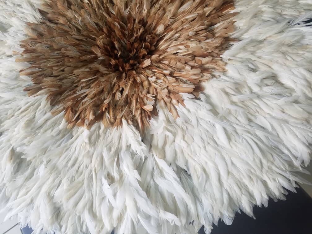White and tan center juju hat| Beige juju hat| Interior decor| Wall art and wall hangings| Bamileke juju hats| African wall decor