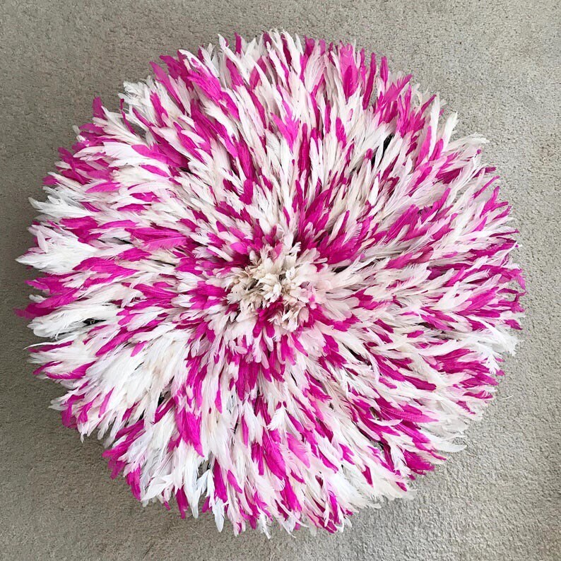 Juju hat white speckled fuchsia for home decor and wall hangings| Interior decor| African handmade juju art| bamileke headdress| ten hat