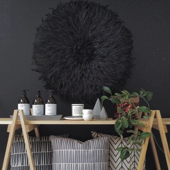 Black juju hat| Wall hangings| Cameroon juju hat| All black feathers wall decor| Handmade African juju hat| Boho wall decor| Tyn hat
