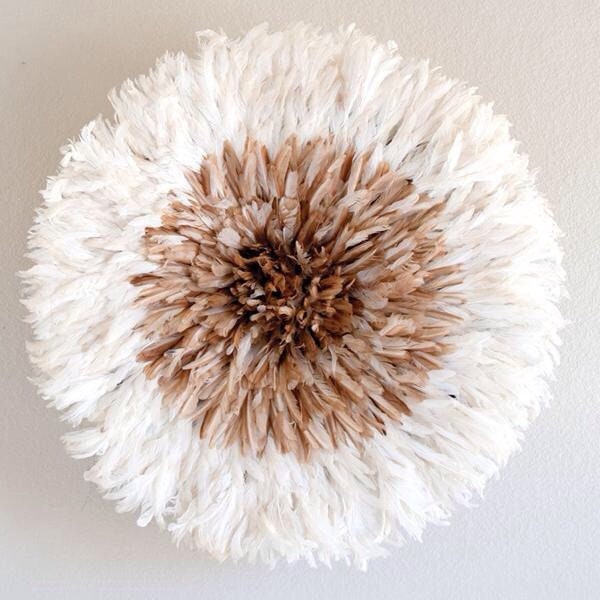 White and tan center juju hat| Beige juju hat| Interior decor| Wall art and wall hangings| Bamileke juju hats| African wall decor