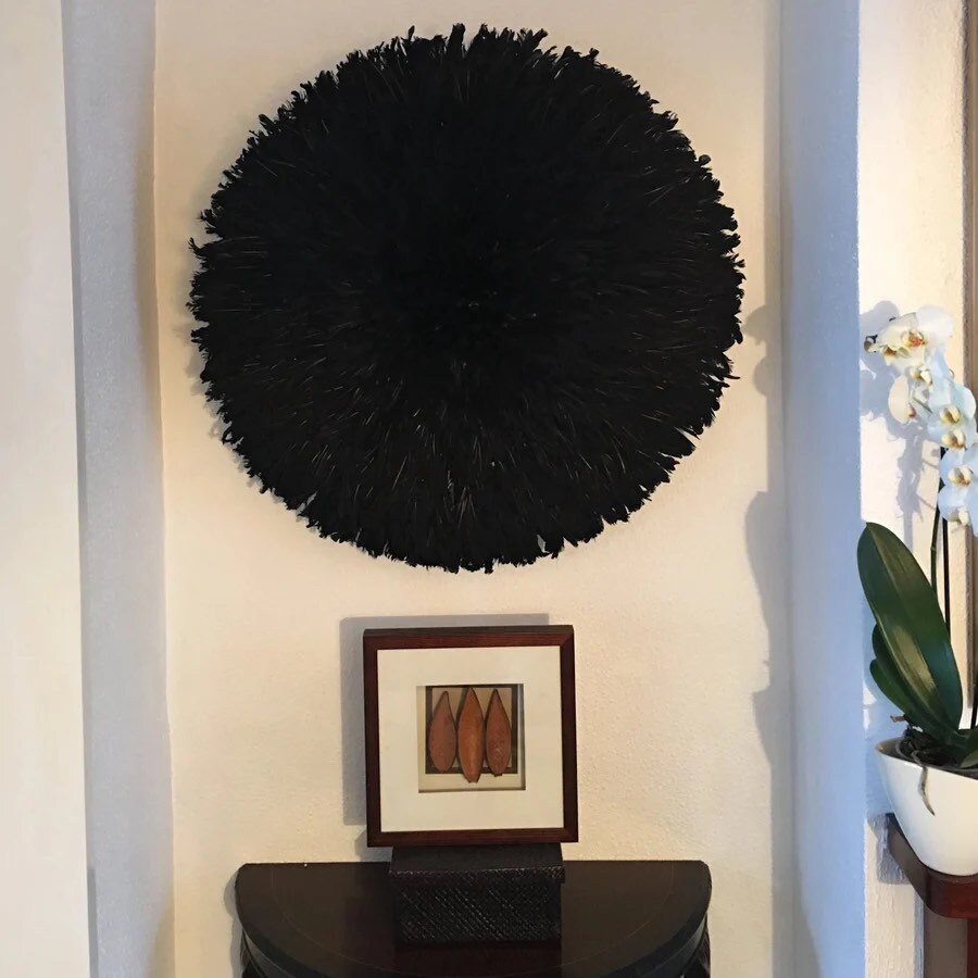 Black juju hat| Wall hangings| Cameroon juju hat| All black feathers wall decor| Handmade African juju hat| Boho wall decor| Tyn hat