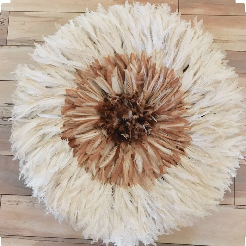 White and tan center juju hat| Beige juju hat| Interior decor| Wall art and wall hangings| Bamileke juju hats| African wall decor