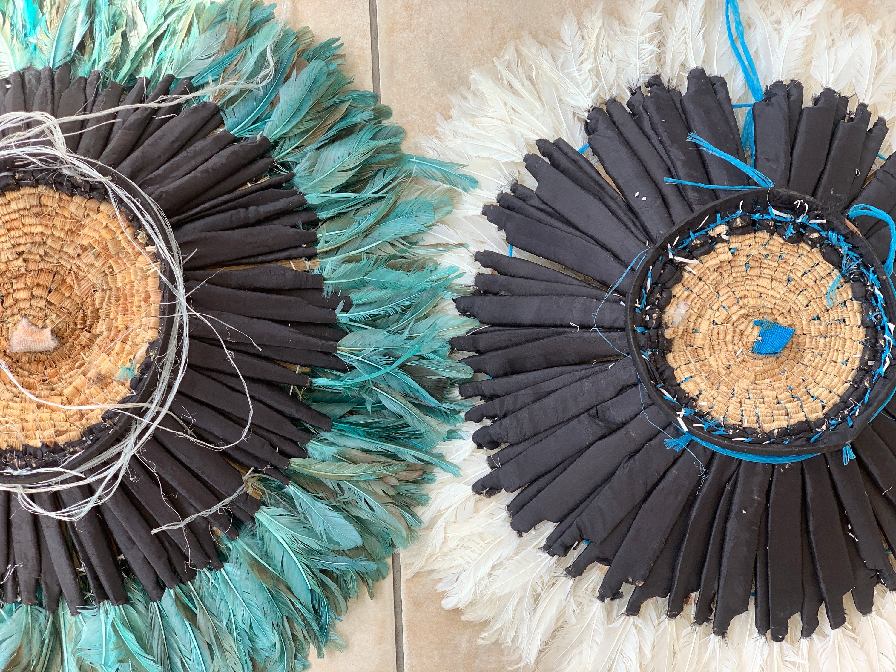 Petrol Green & Ivory Bamileke Juju Hat – Handmade African Wall Decor
