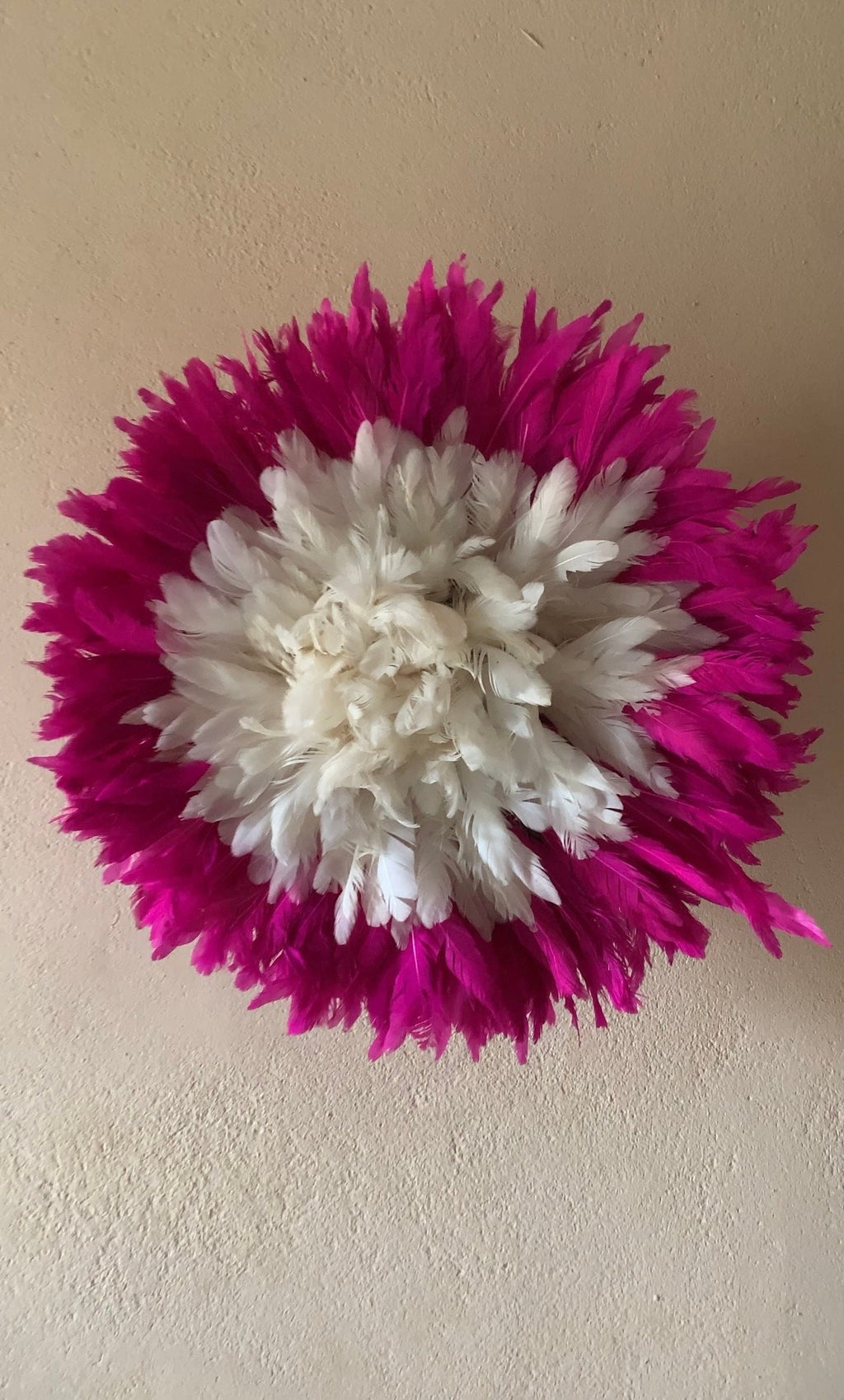 Juju hat set of hot pink/fuchsia and white| Bamileke juju hat| Interior decor| Wall decor| Wall hangings| Boho decor| African juju Art