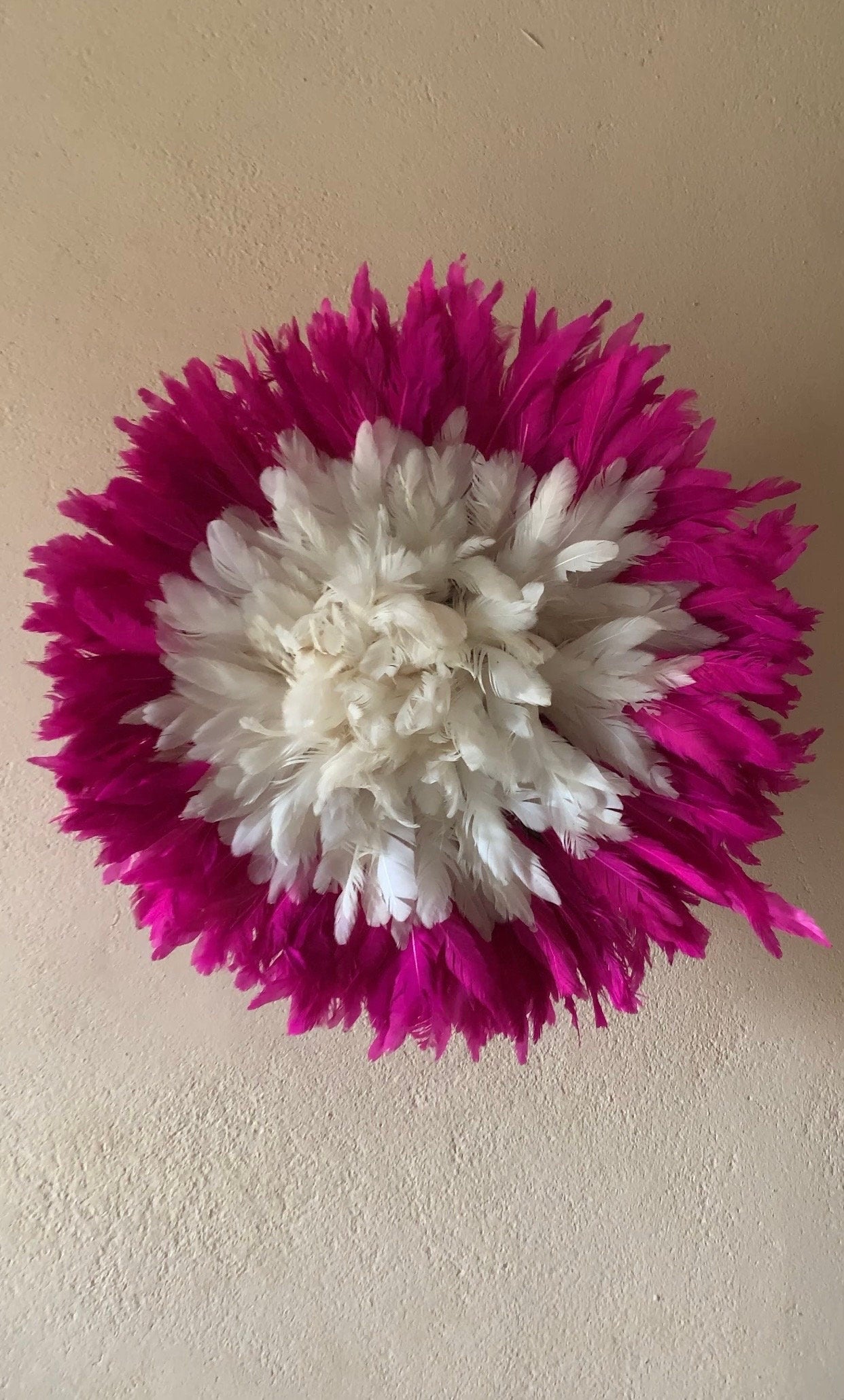 Juju hat set of hot pink/fuchsia and white| Bamileke juju hat| Interior decor| Wall decor| Wall hangings| Boho decor| African juju Art