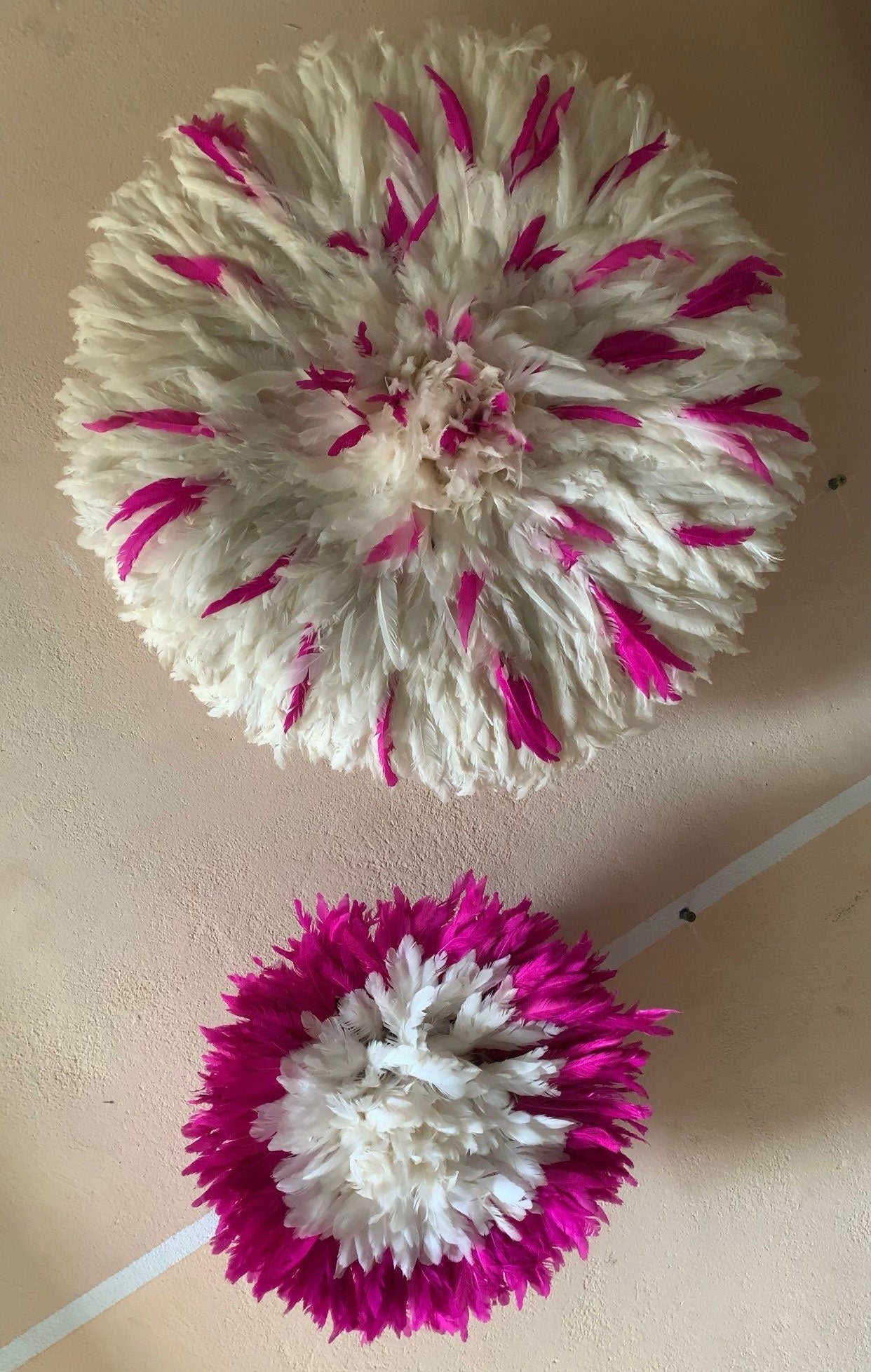 Juju hat set of hot pink/fuchsia and white| Bamileke juju hat| Interior decor| Wall decor| Wall hangings| Boho decor| African juju Art