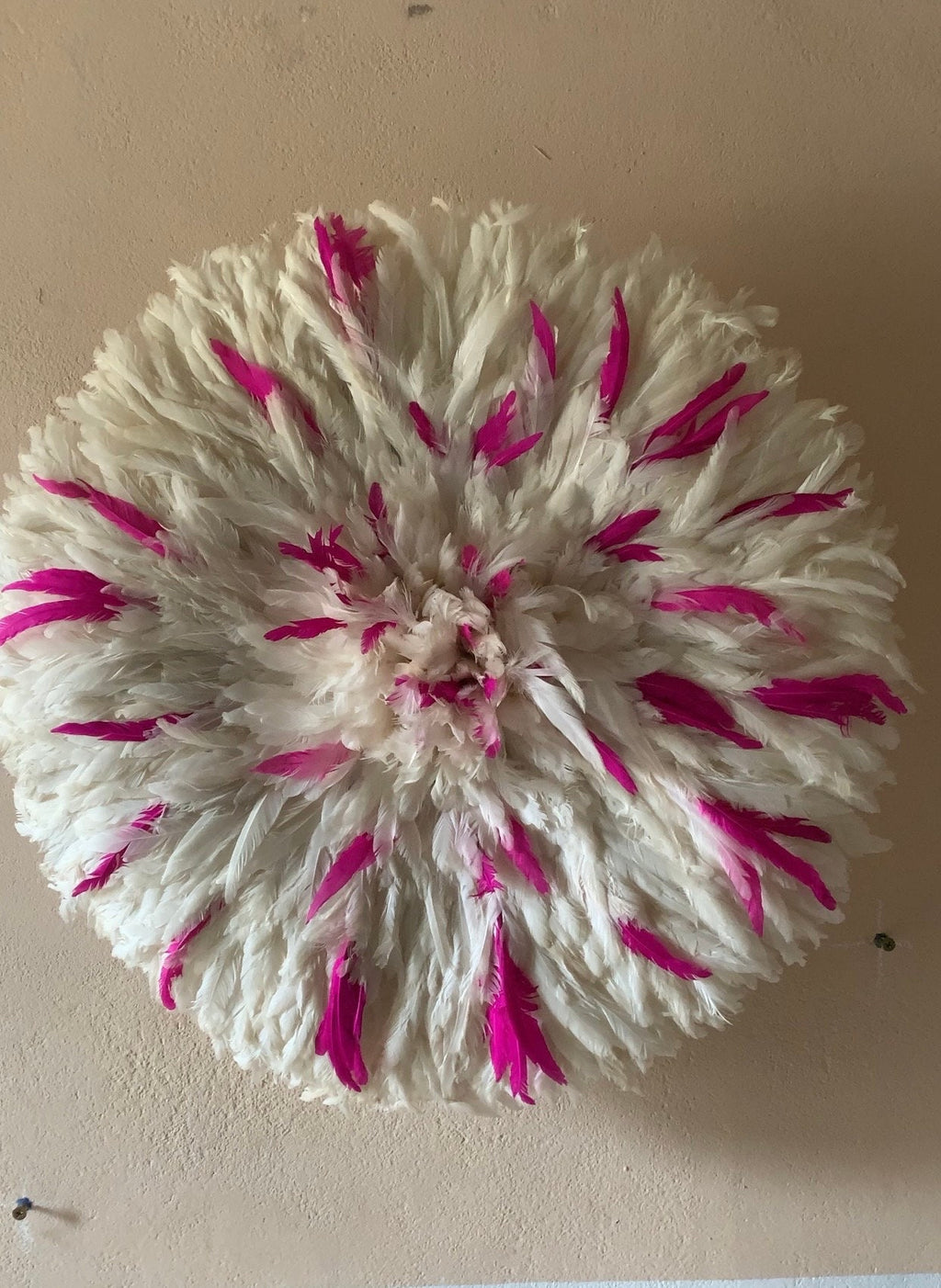 Juju hat set of hot pink/fuchsia and white| Bamileke juju hat| Interior decor| Wall decor| Wall hangings| Boho decor| African juju Art