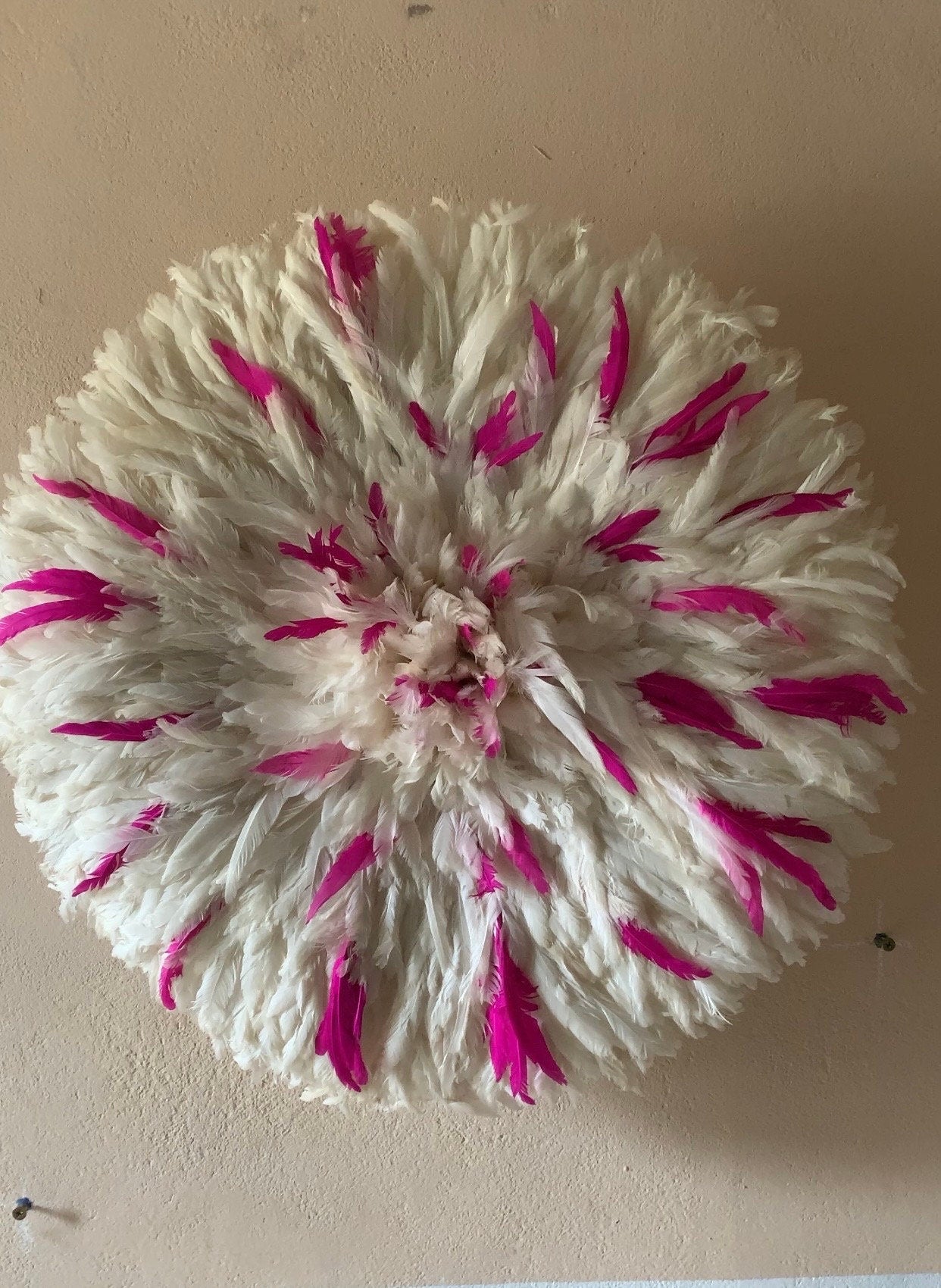 Juju hat set of hot pink/fuchsia and white| Bamileke juju hat| Interior decor| Wall decor| Wall hangings| Boho decor| African juju Art
