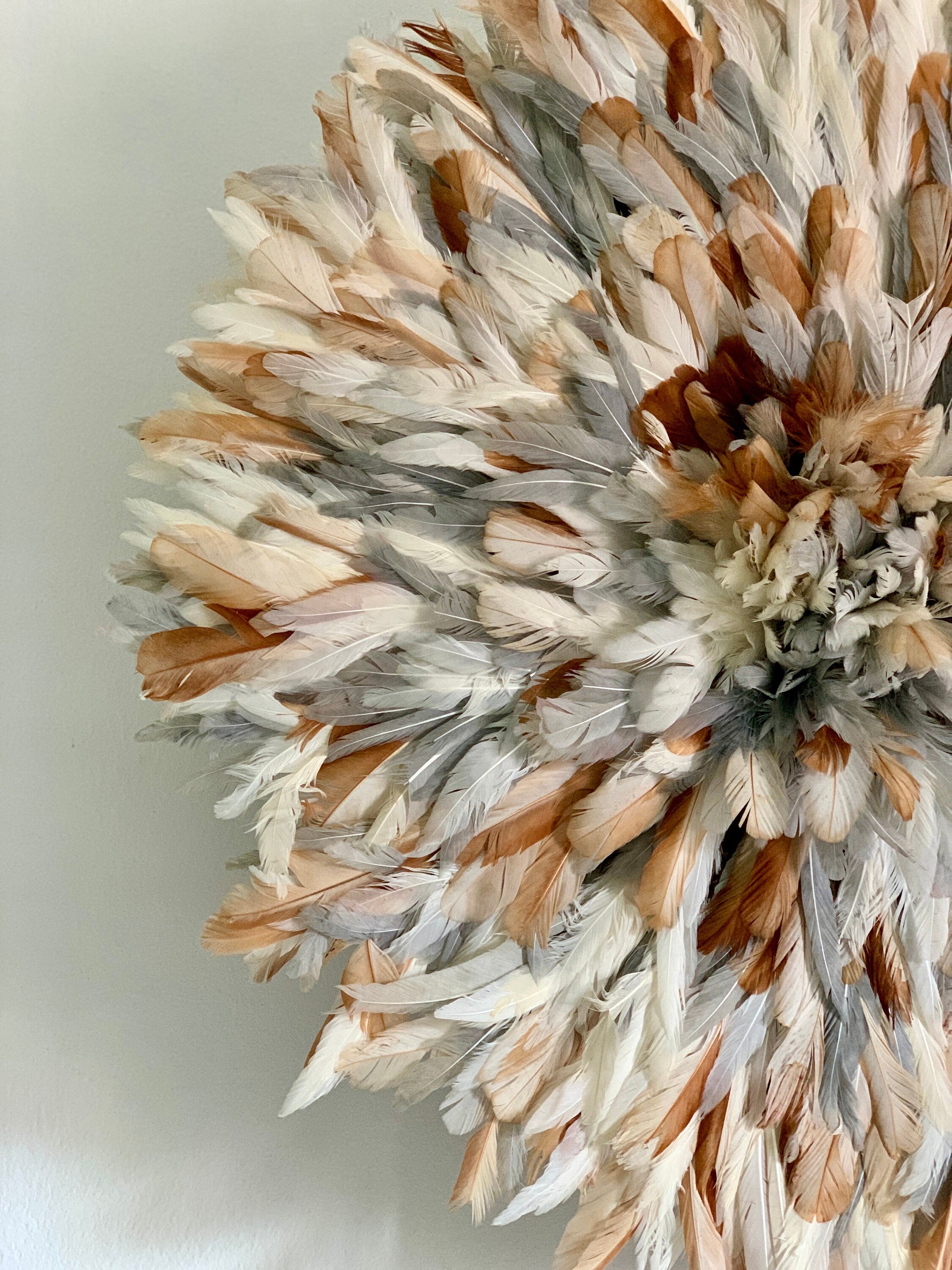 Gray tan white cream natural juju hat| African home wall decor| bedroom hangings| Boho living room style| juju art| Bamileke feather hat tyn
