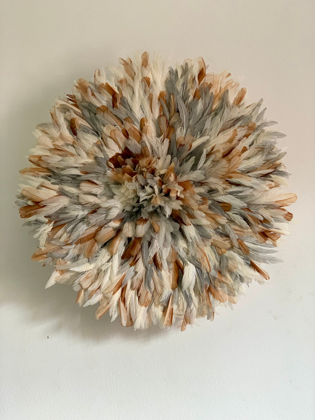 Gray tan white cream natural juju hat| African home wall decor| bedroom hangings| Boho living room style| juju art| Bamileke feather hat tyn