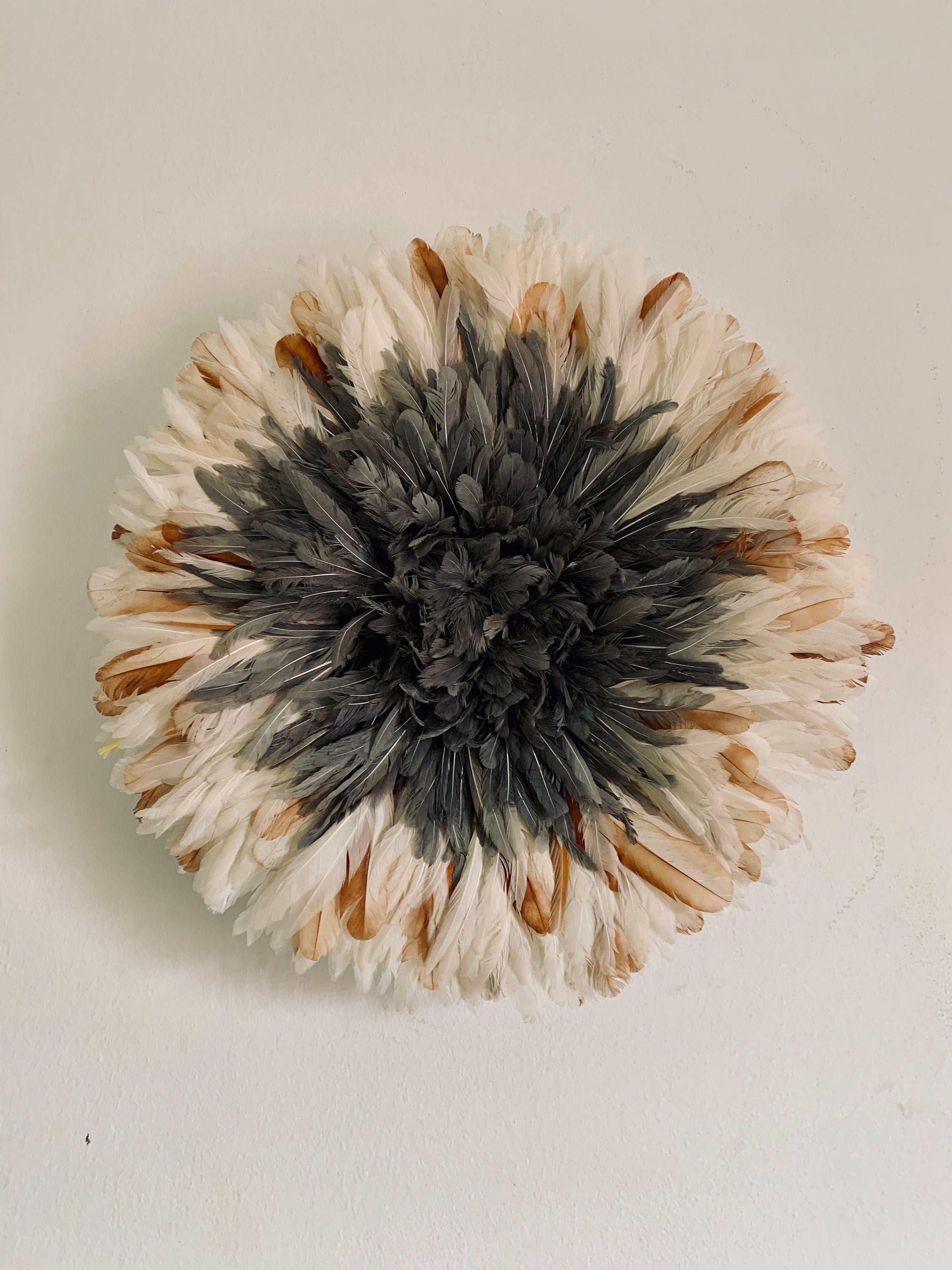 Tan white gray cream natural juju hat set| African home wall decor| bedroom hangings| Boho living room style| juju art| Bamileke feather hat