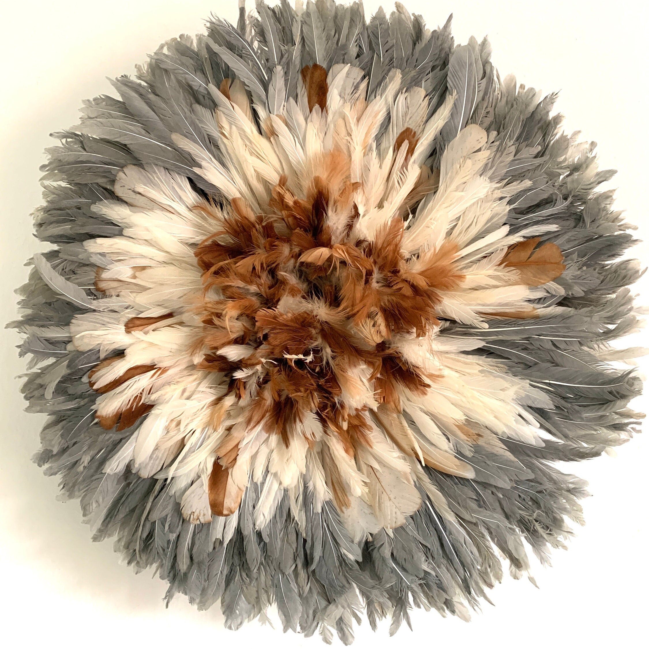 Gray tan white cream natural juju hat set| African home wall decor| bedroom hangings| Boho living room style| juju art| Bamileke feather hat