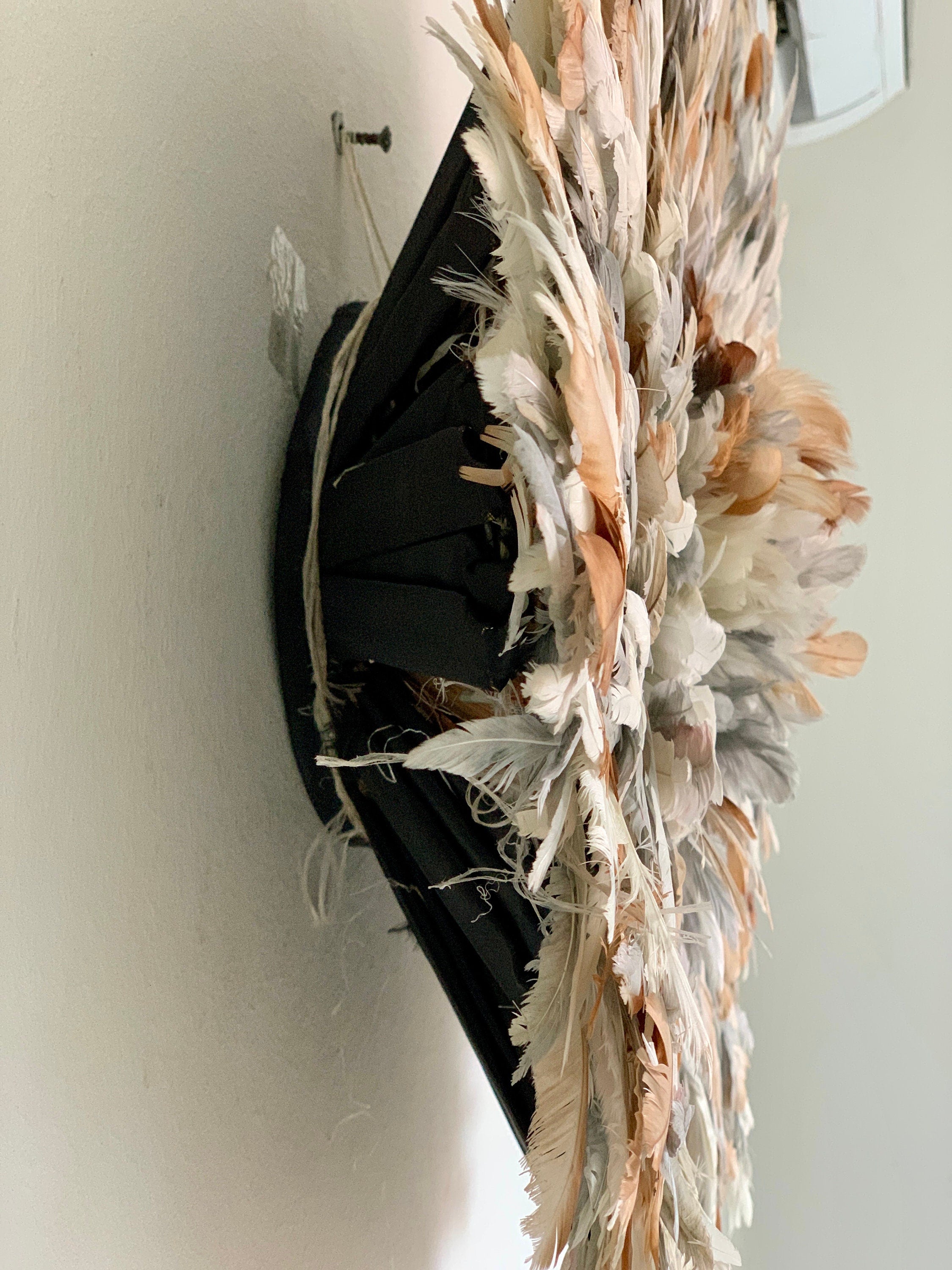Gray tan white cream natural juju hat| African home wall decor| bedroom hangings| Boho living room style| juju art| Bamileke feather hat tyn