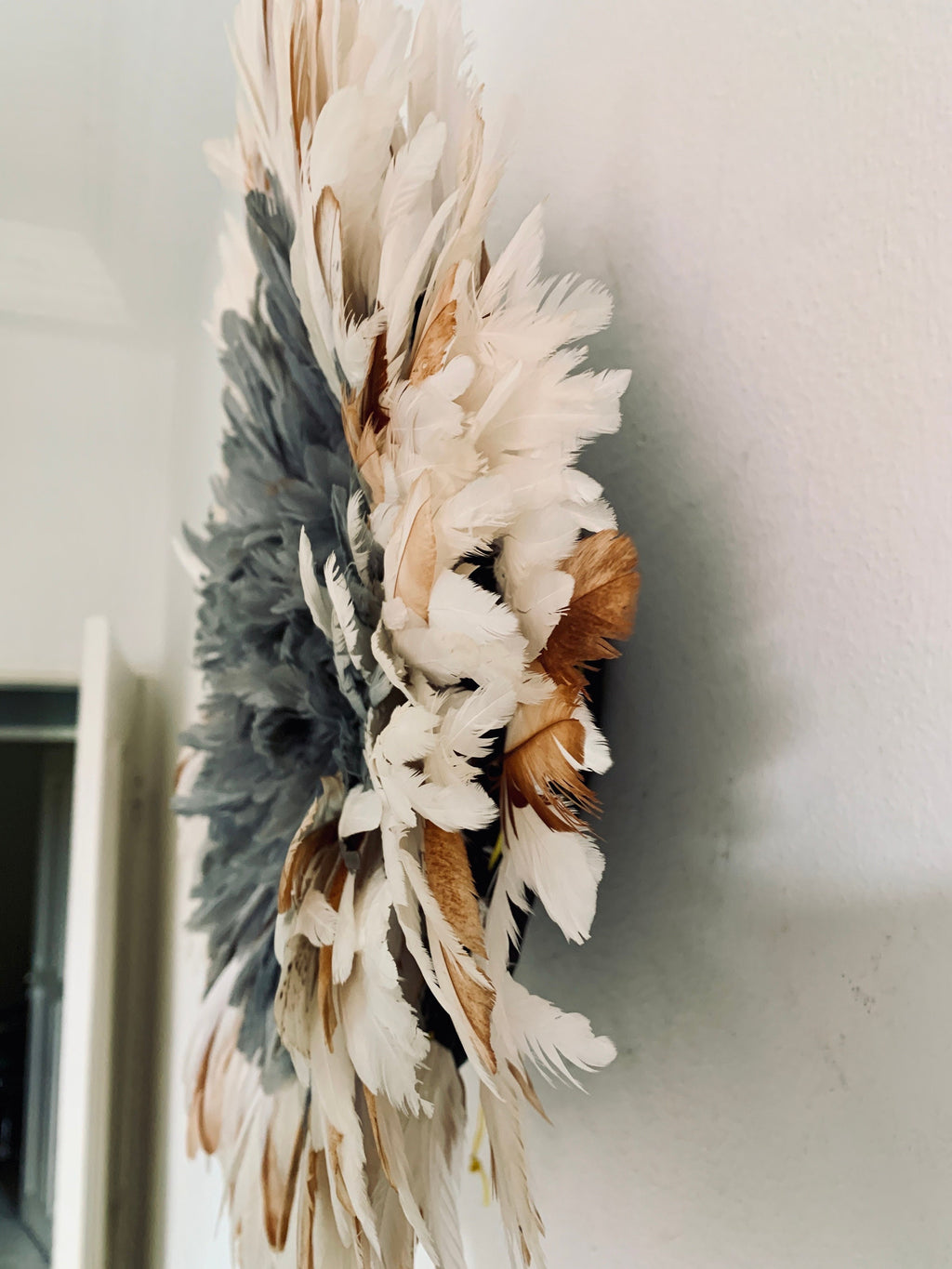 Tan white gray cream natural juju hat set| African home wall decor| bedroom hangings| Boho living room style| juju art| Bamileke feather hat