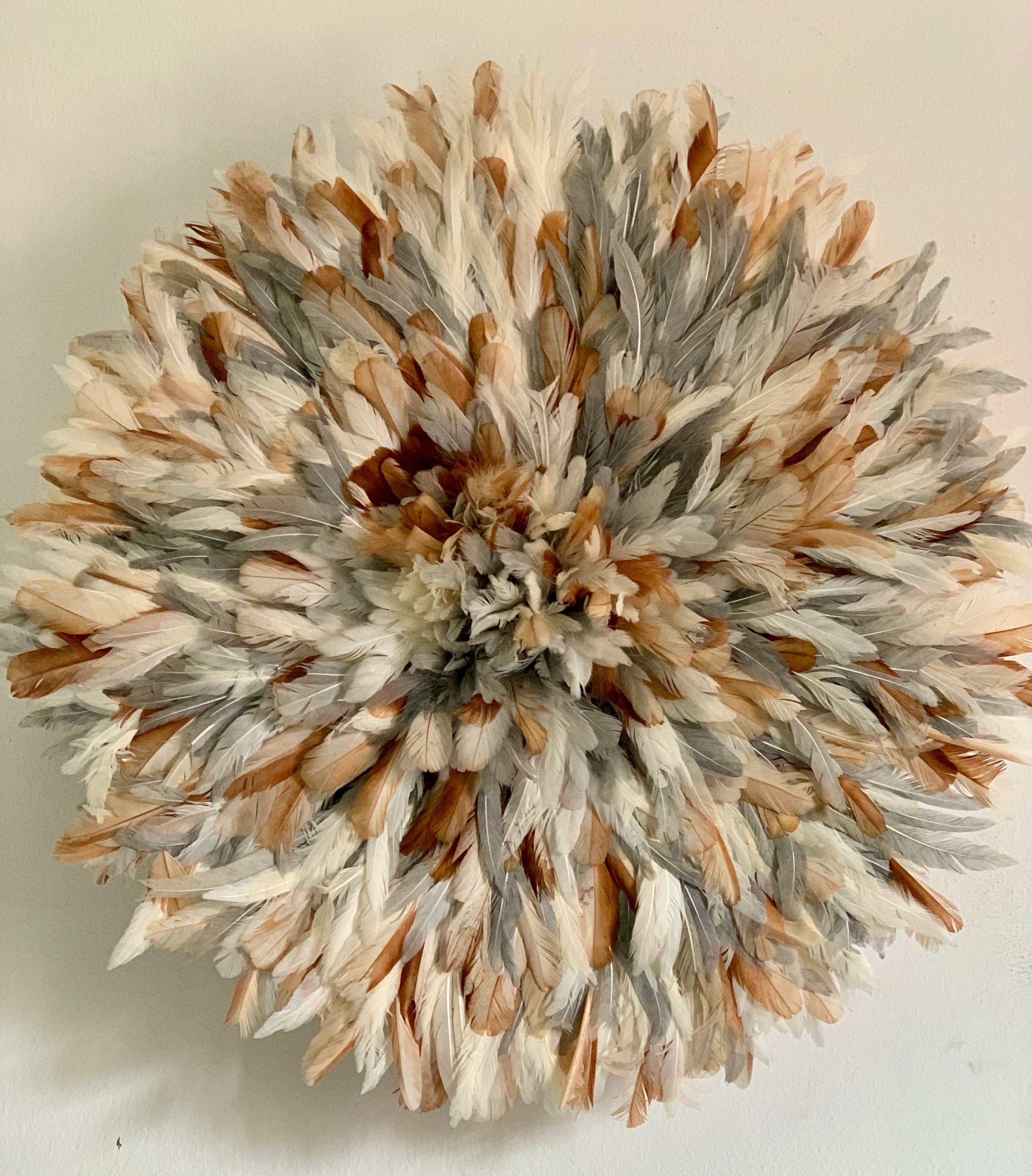 Gray tan white cream natural juju hat| African home wall decor| bedroom hangings| Boho living room style| juju art| Bamileke feather hat tyn
