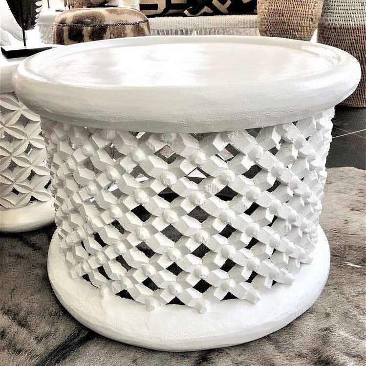 Bamileke stools in white| Coffee tables for interior and outdoor decor| Living room furnitures| Home decor side tables| Bird nest| African