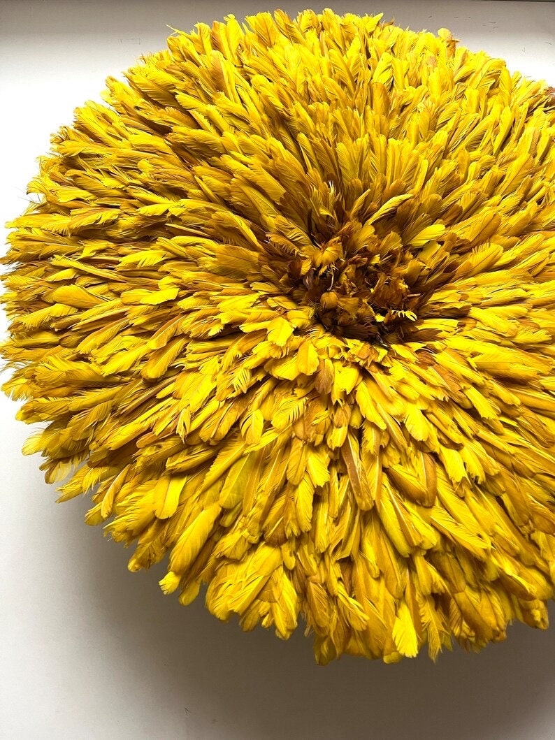 Mustard yellow juju hat| African home wall decor| bedroom hangings| Boho living room style| juju art| Bamileke feather hat| feather mandala