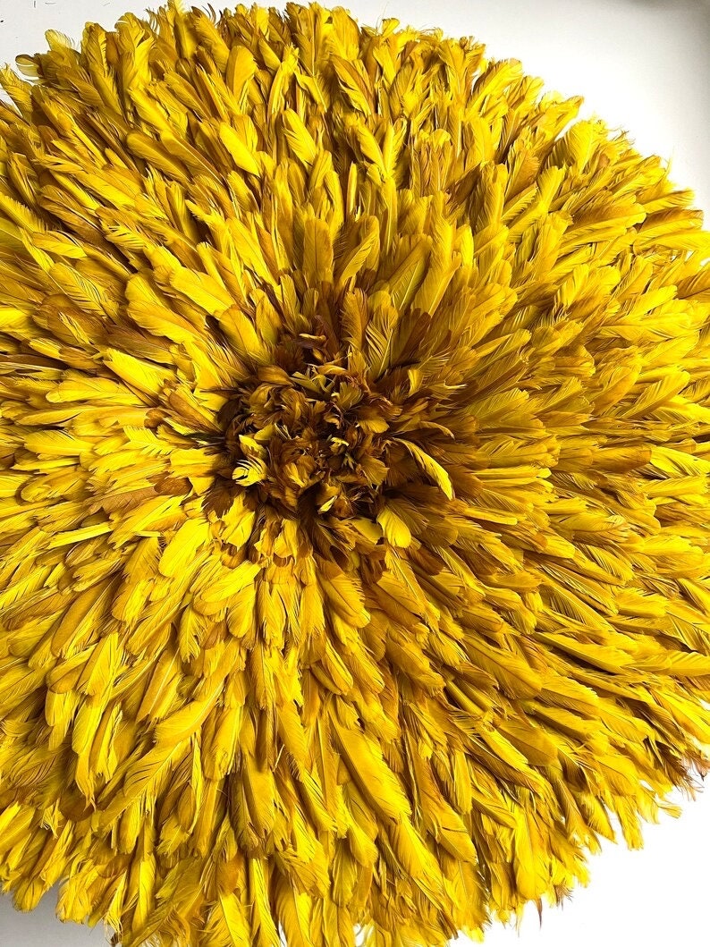 Mustard yellow juju hat| African home wall decor| bedroom hangings| Boho living room style| juju art| Bamileke feather hat| feather mandala