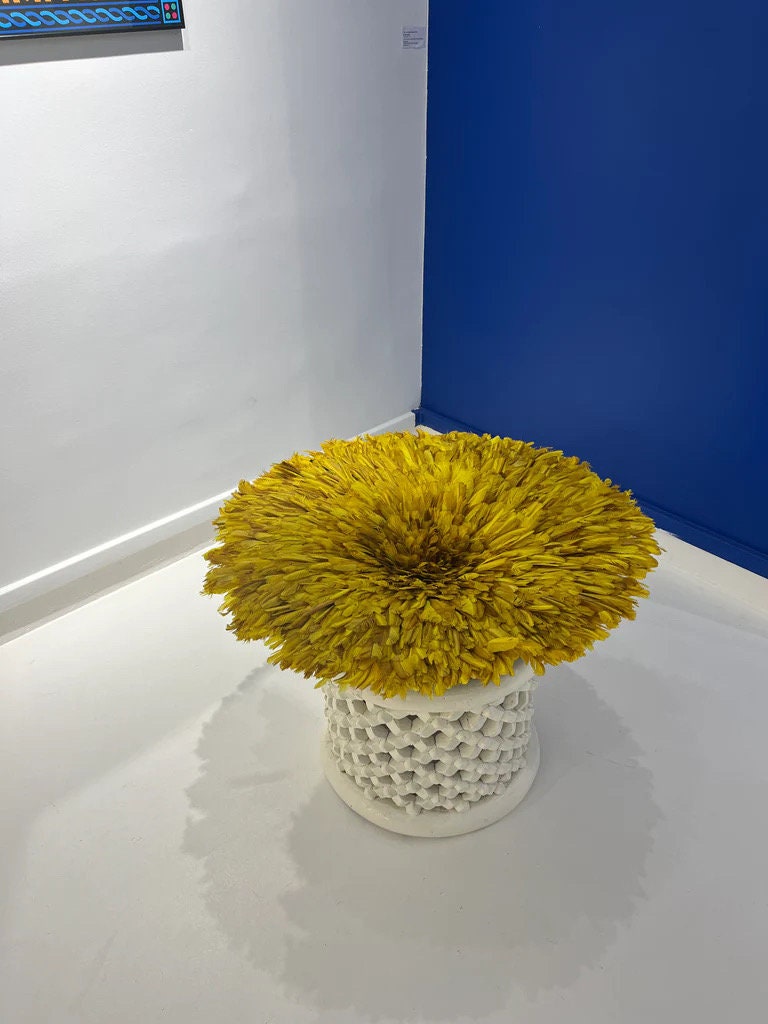 Mustard yellow juju hat| African home wall decor| bedroom hangings| Boho living room style| juju art| Bamileke feather hat| feather mandala
