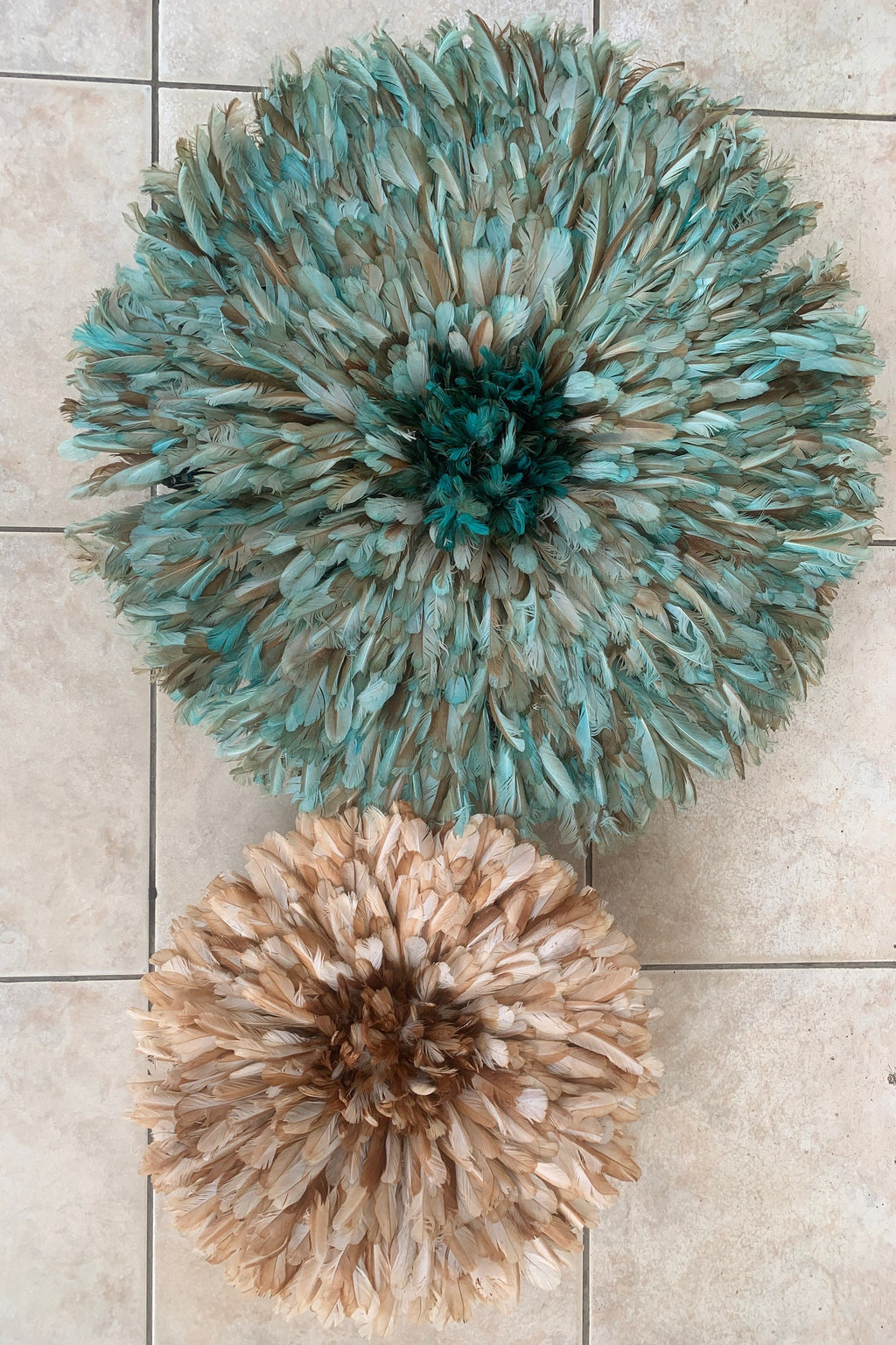 Juju hat set of petrol green| tan| beige Bamileke juju hat| juju art Interior decor| Wall decor| Wall hangings| Boho decor| African juju hat