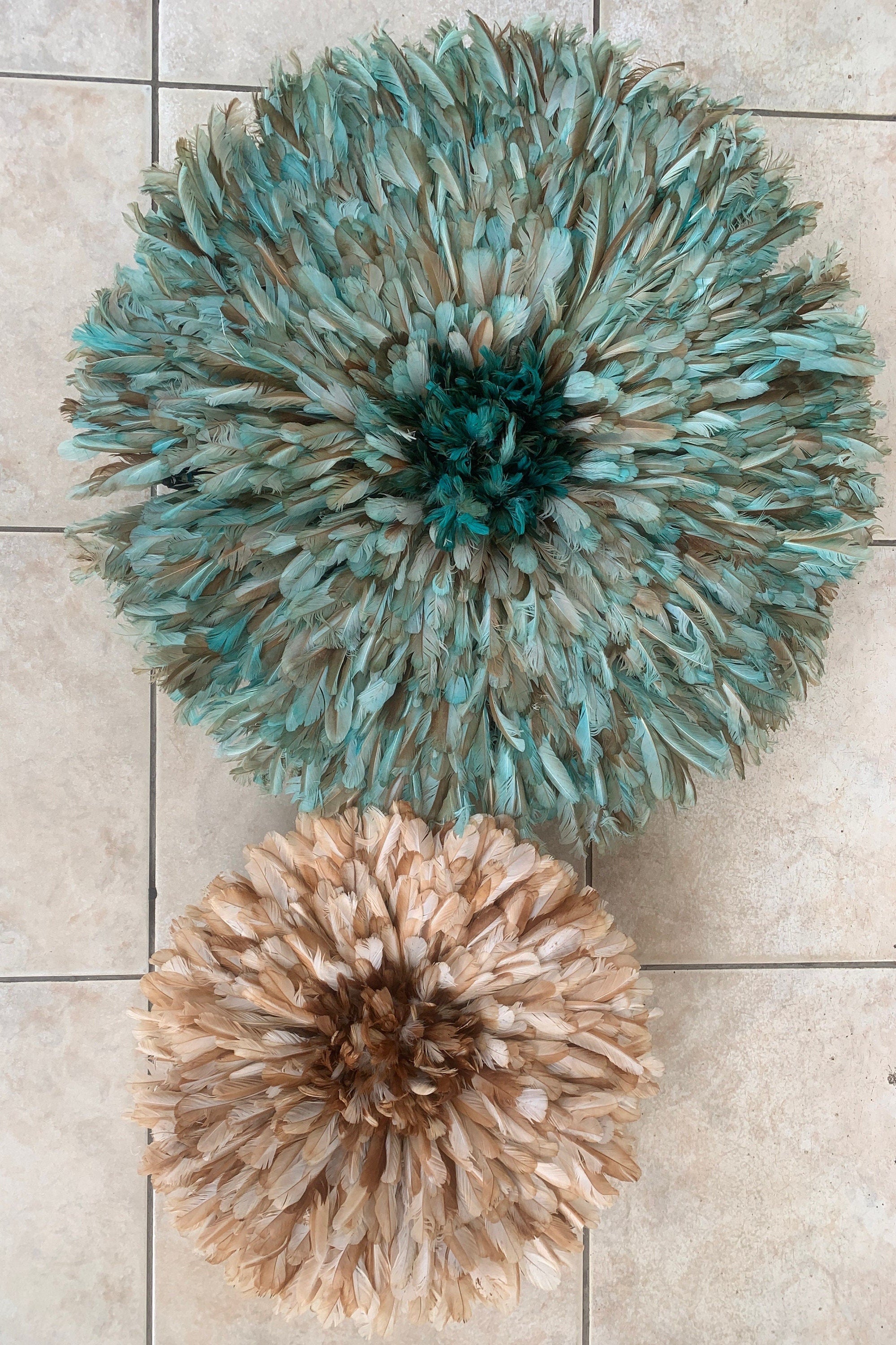 Juju hat set of petrol green| tan| beige Bamileke juju hat| juju art Interior decor| Wall decor| Wall hangings| Boho decor| African juju hat
