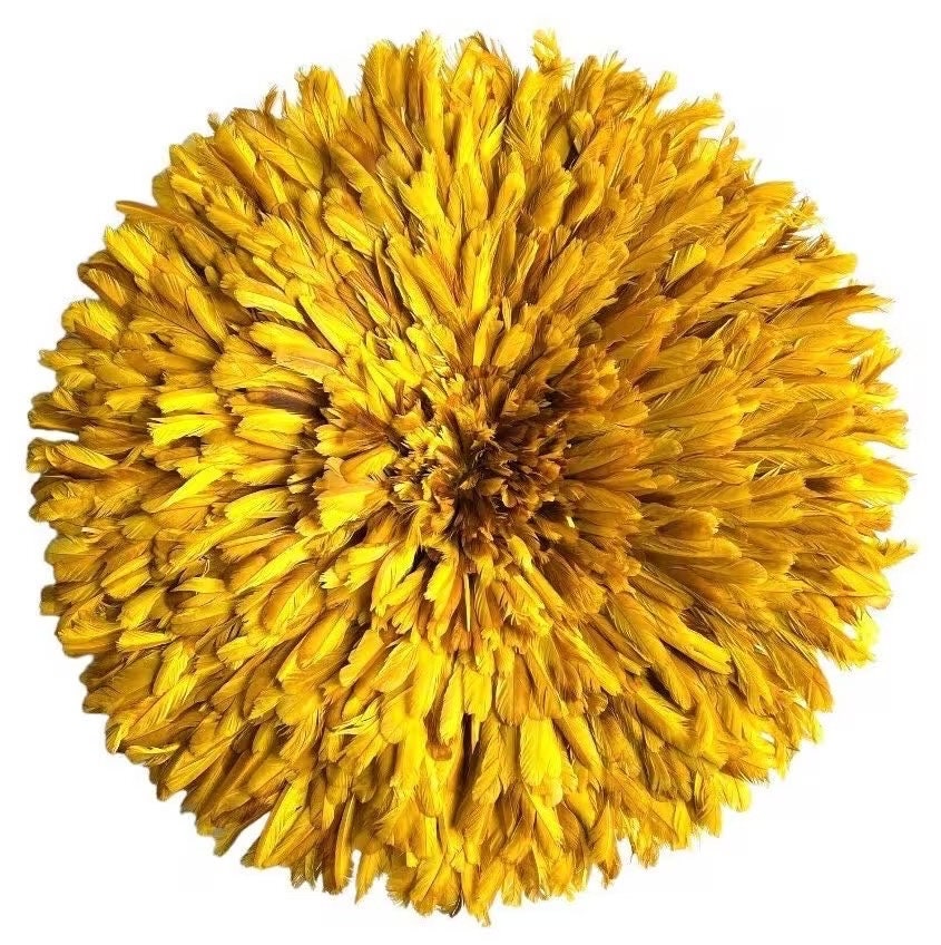 Mustard yellow juju hat| African home wall decor| bedroom hangings| Boho living room style| juju art| Bamileke feather hat| feather mandala
