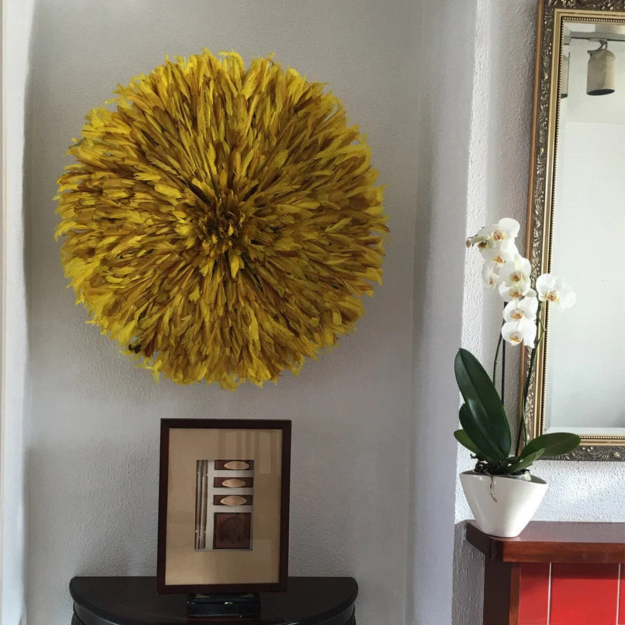 Mustard yellow juju hat| African home wall decor| bedroom hangings| Boho living room style| juju art| Bamileke feather hat| feather mandala