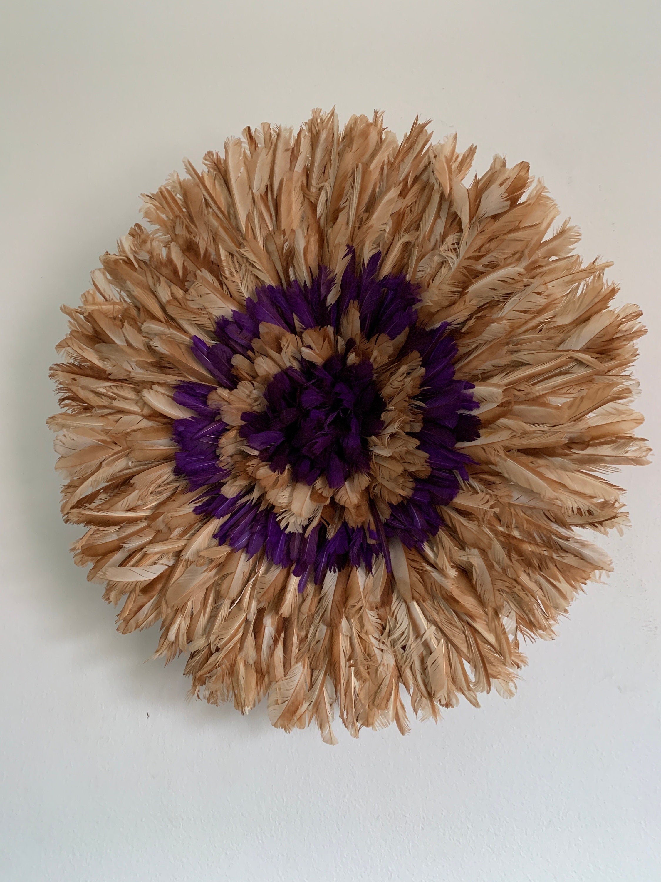 Juju hat tan-purple| African feather mandala| Bamileke headdress| Interior decor| Wall decor| Wall hangings| Afrohemian