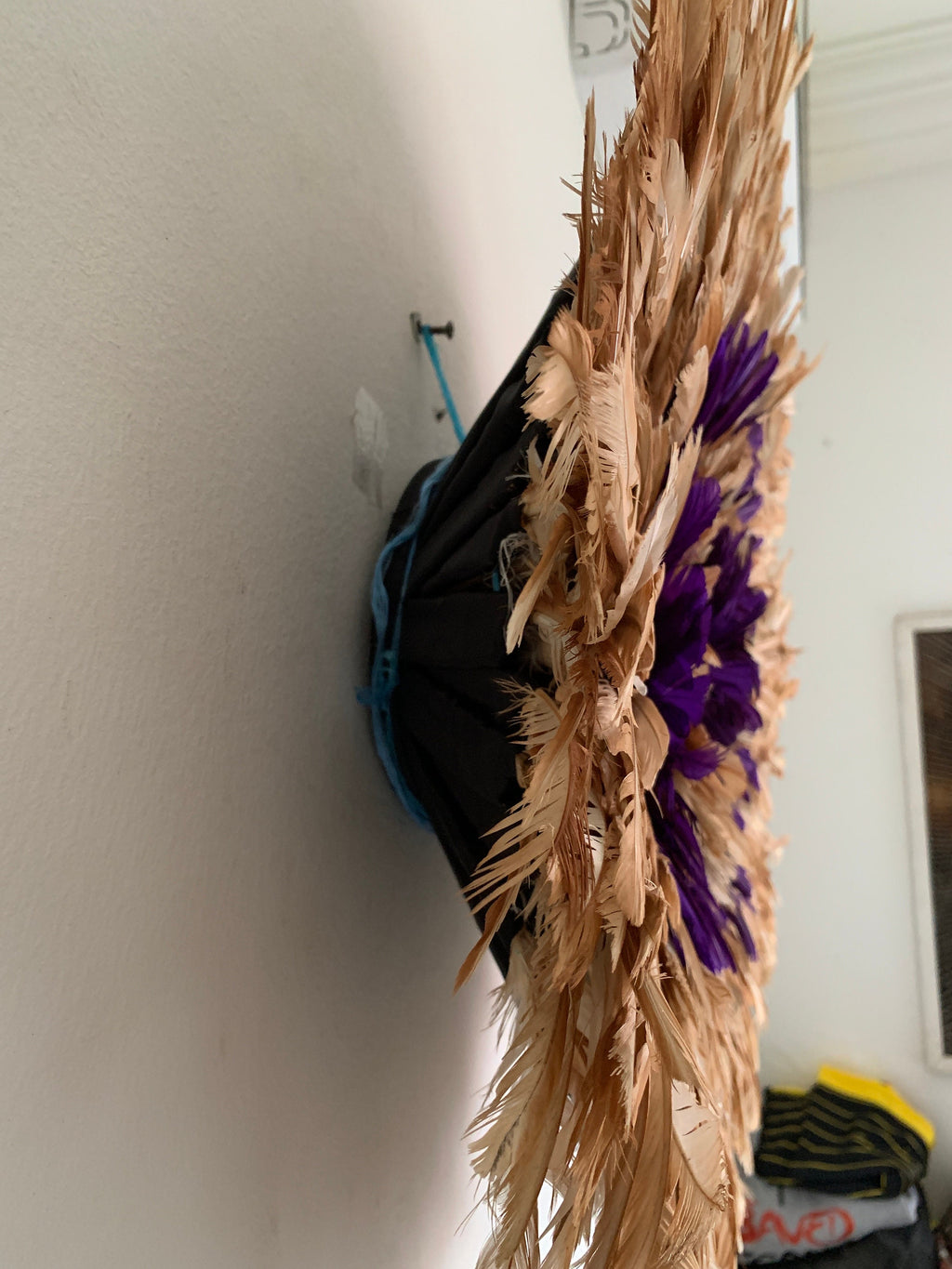 Juju hat tan-purple| African feather mandala| Bamileke headdress| Interior decor| Wall decor| Wall hangings| Afrohemian