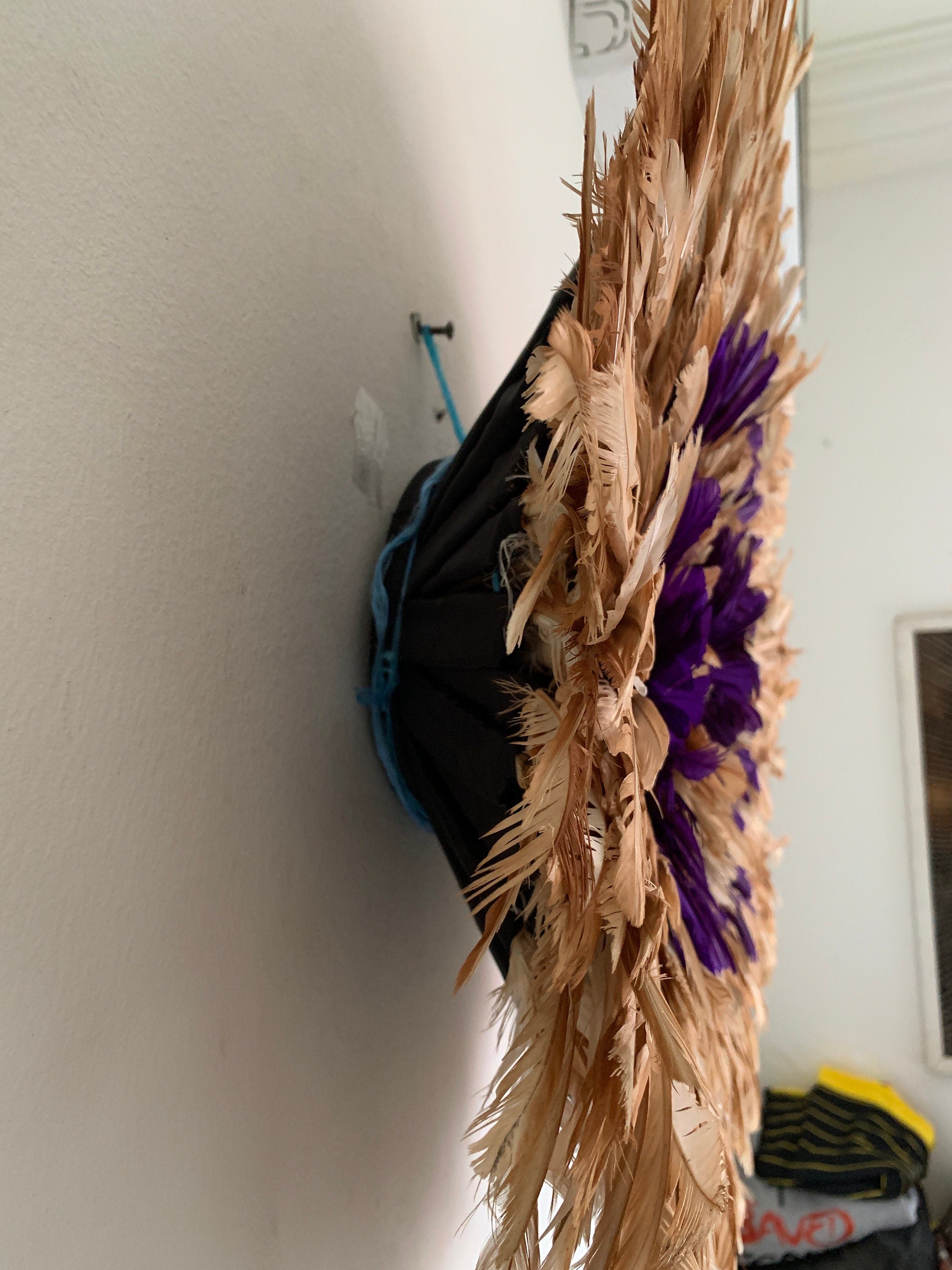 Juju hat tan-purple| African feather mandala| Bamileke headdress| Interior decor| Wall decor| Wall hangings| Afrohemian