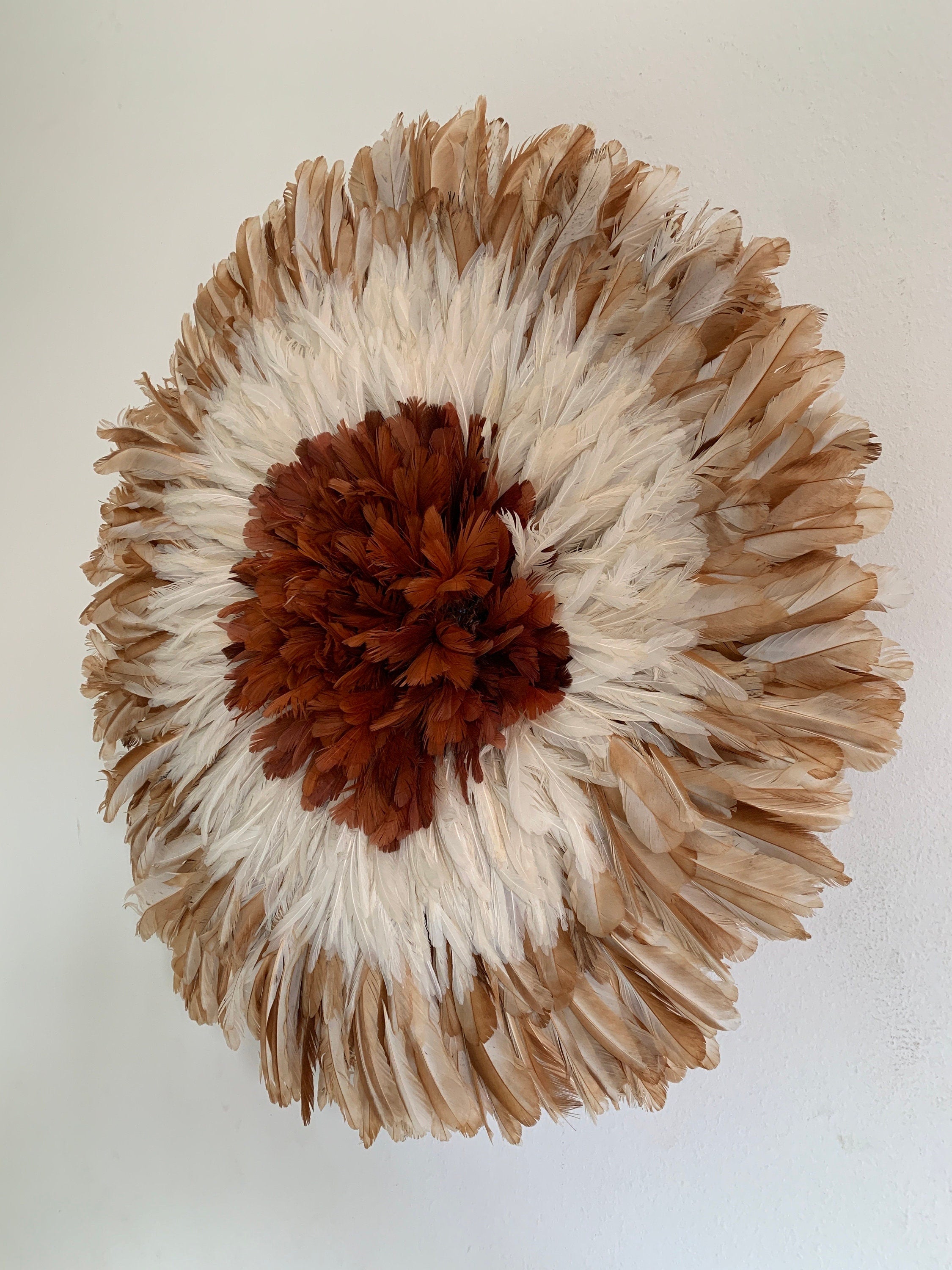 Juju hat tan, white, rusty brown| Bamileke headdress| Tyn hat| African Interior decor| Boho Wall hangings| Afrohemian| Feather mandala