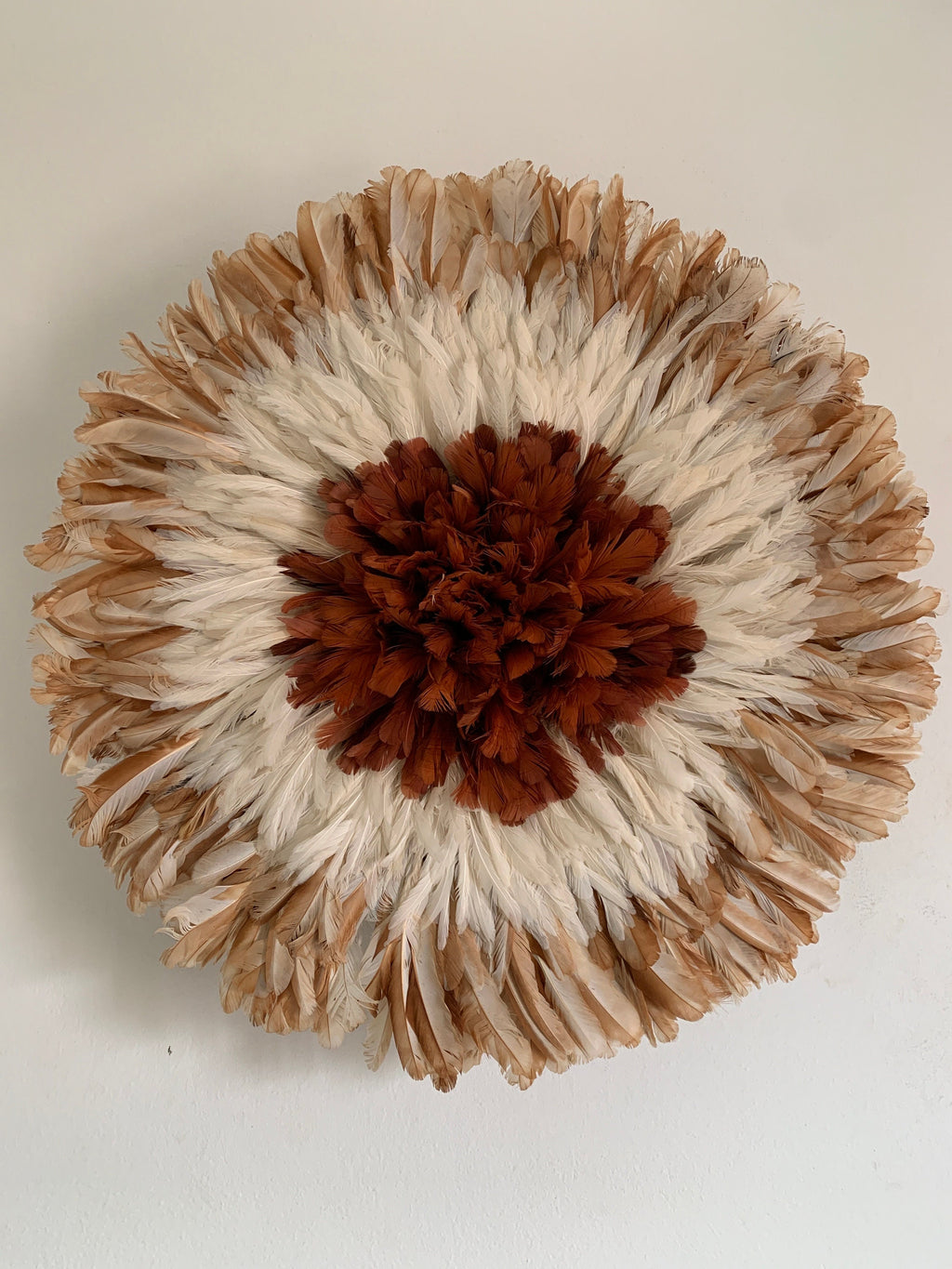 Juju hat tan, white, rusty brown| Bamileke headdress| Tyn hat| African Interior decor| Boho Wall hangings| Afrohemian| Feather mandala