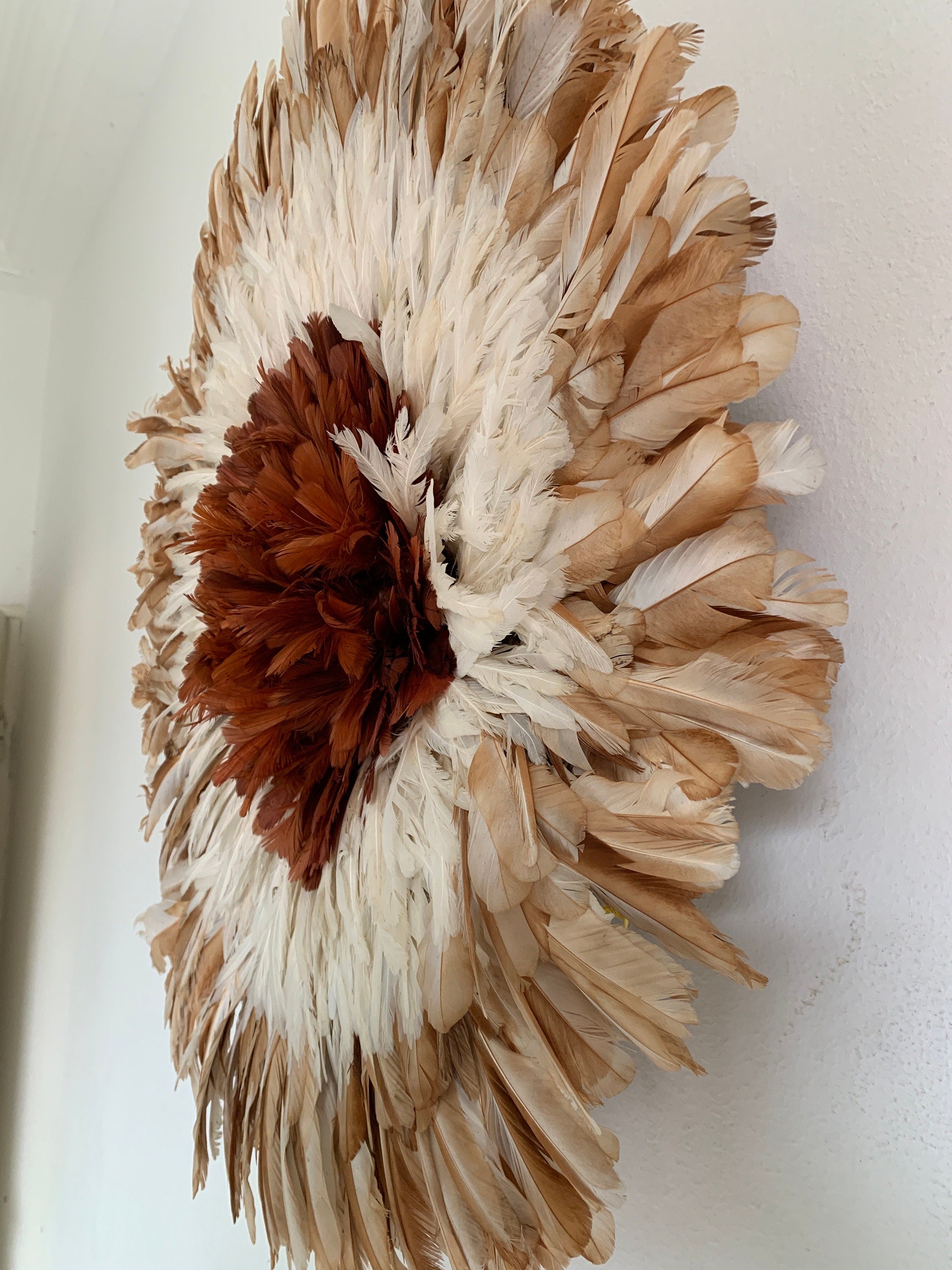 Juju hat tan, white, rusty brown| Bamileke headdress| Tyn hat| African Interior decor| Boho Wall hangings| Afrohemian| Feather mandala