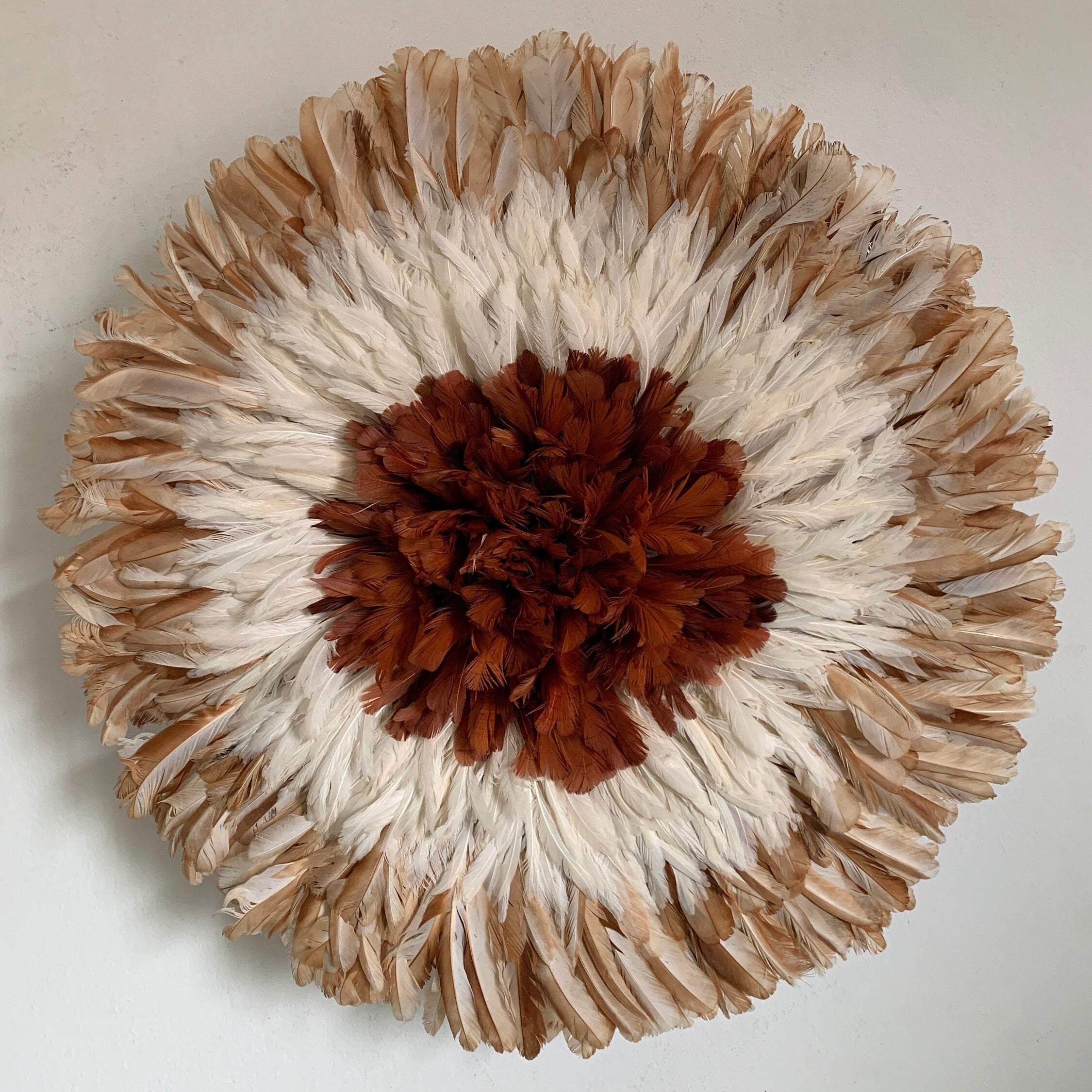 Juju hat tan, white, rusty brown| Bamileke headdress| Tyn hat| African Interior decor| Boho Wall hangings| Afrohemian| Feather mandala