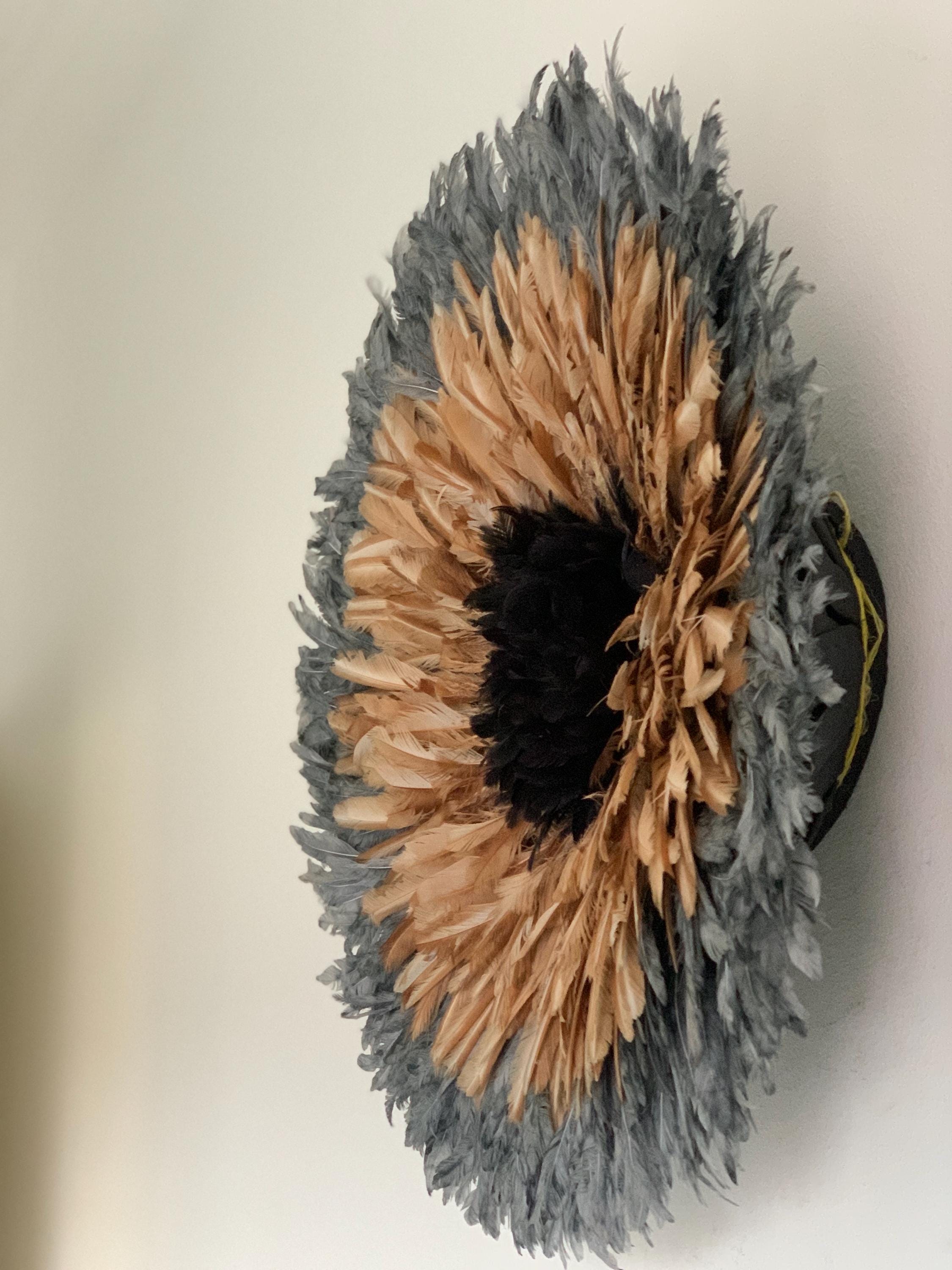 Juju hat gray tan black| African home wall decor| bedroom hangings| Boho living room style| juju art| Bamileke feather hat tyn| Wreath