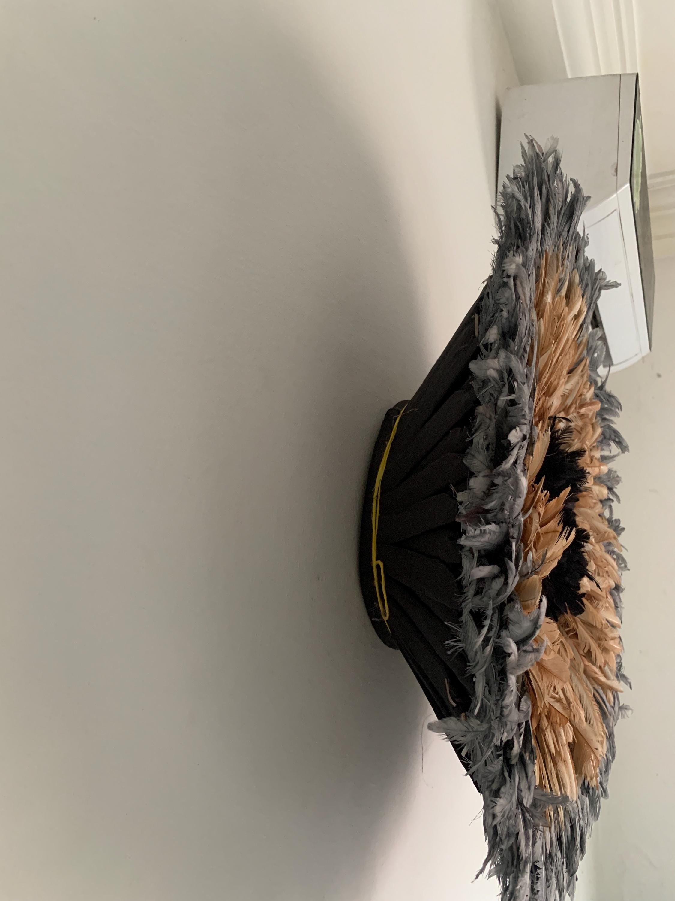 Juju hat gray tan black| African home wall decor| bedroom hangings| Boho living room style| juju art| Bamileke feather hat tyn| Wreath