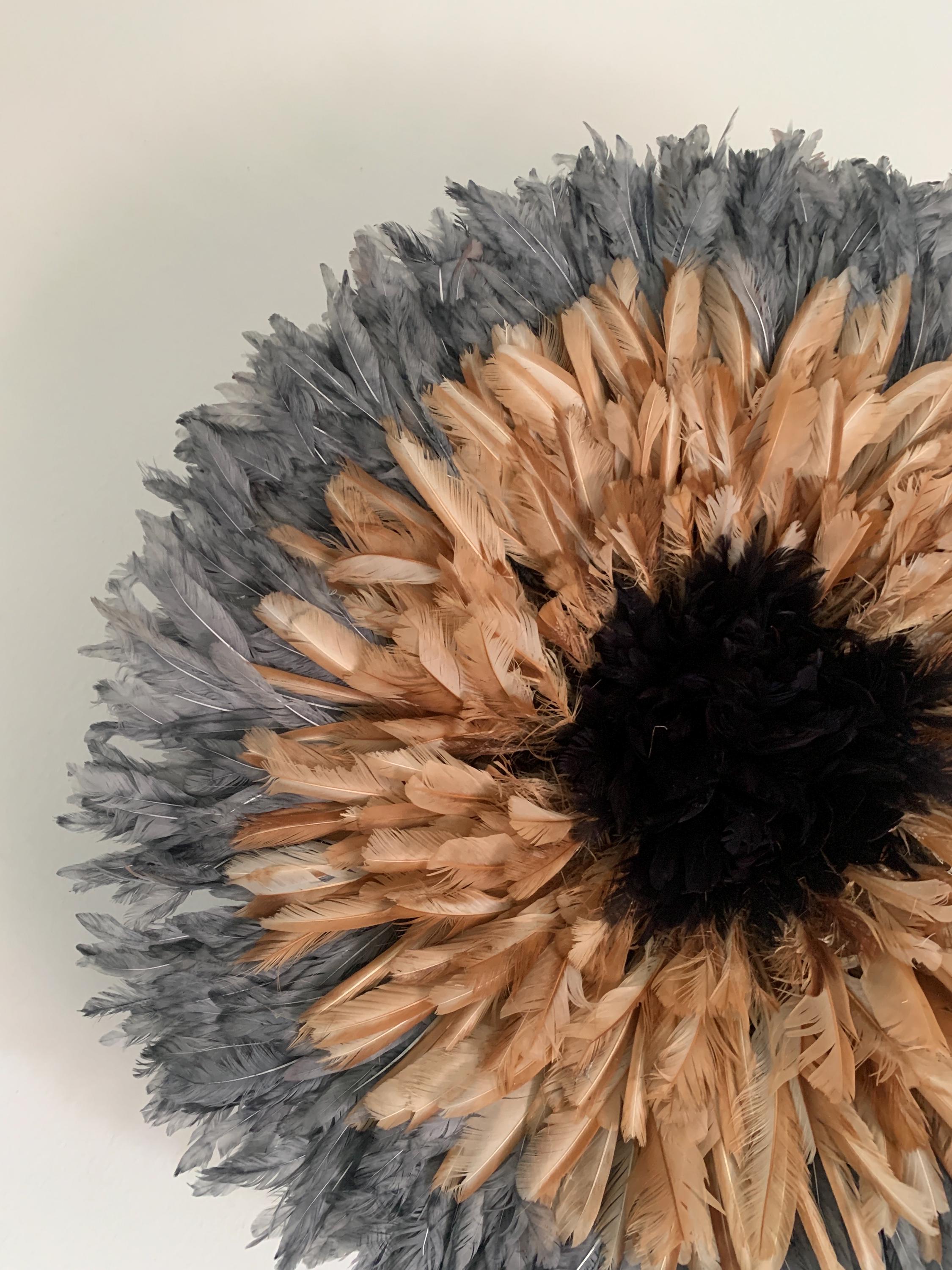 Juju hat gray tan black| African home wall decor| bedroom hangings| Boho living room style| juju art| Bamileke feather hat tyn| Wreath