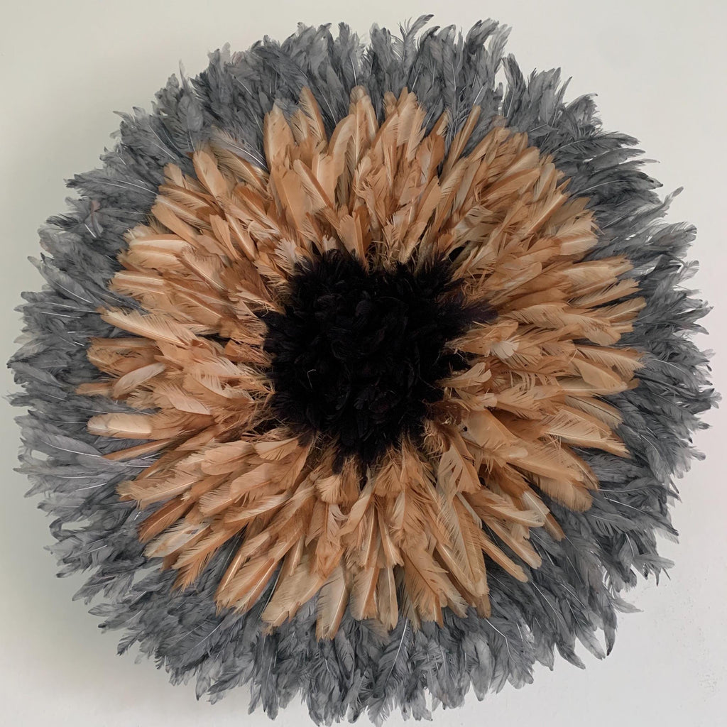 Juju hat gray tan black| African home wall decor| bedroom hangings| Boho living room style| juju art| Bamileke feather hat tyn| Wreath
