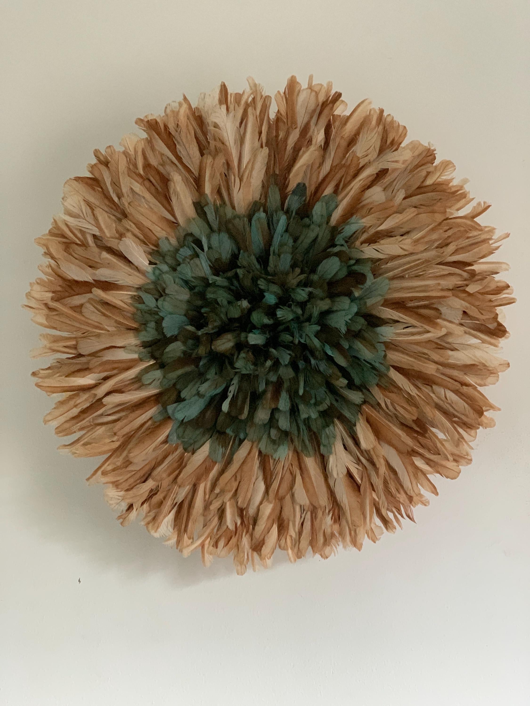 Juju hat Petrol Green Tan for wall hangings and decor| Bamileke Handmade African juju Art| home decor| Afrohemian| Wreath| Feather Mandala