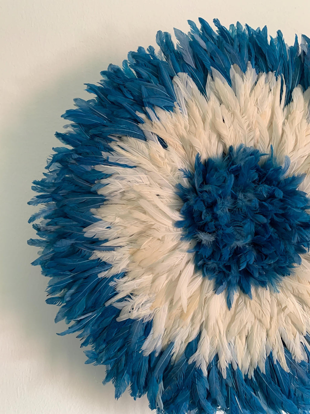 Royal Blue\White\Cream juju hat| African home wall decor| bedroom hangings| Boho living room style| juju art| Bamileke feather hat| Wreath